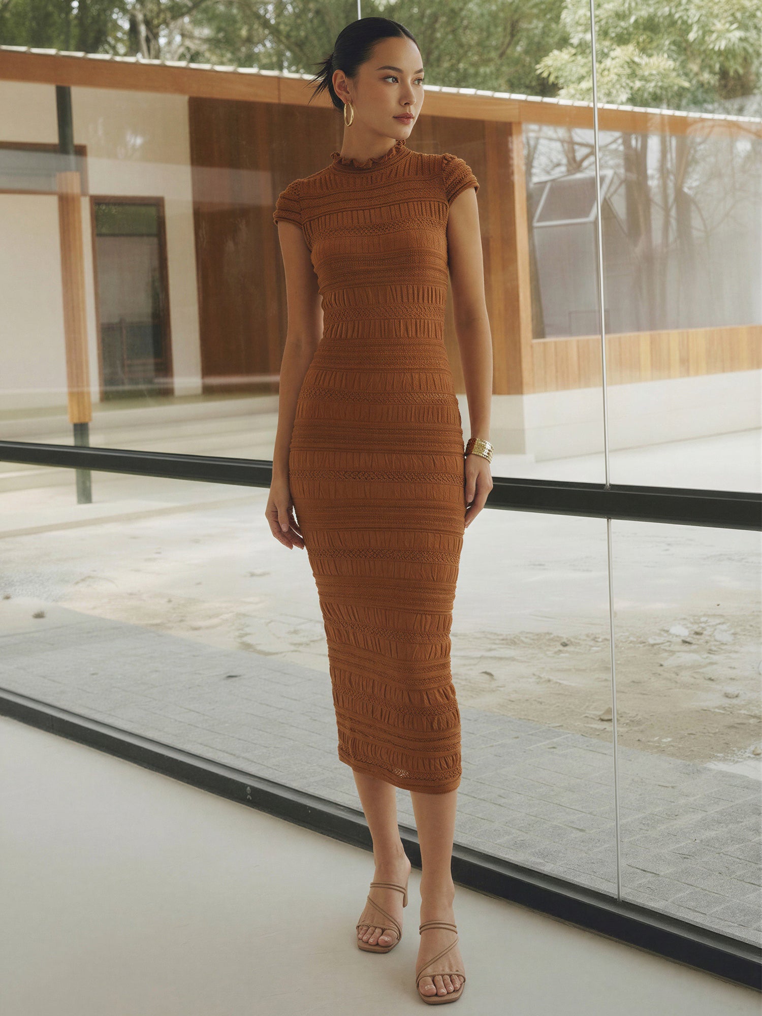 Delicate Ruffled Cap Sleeves Textured Knit Bodycon Dress