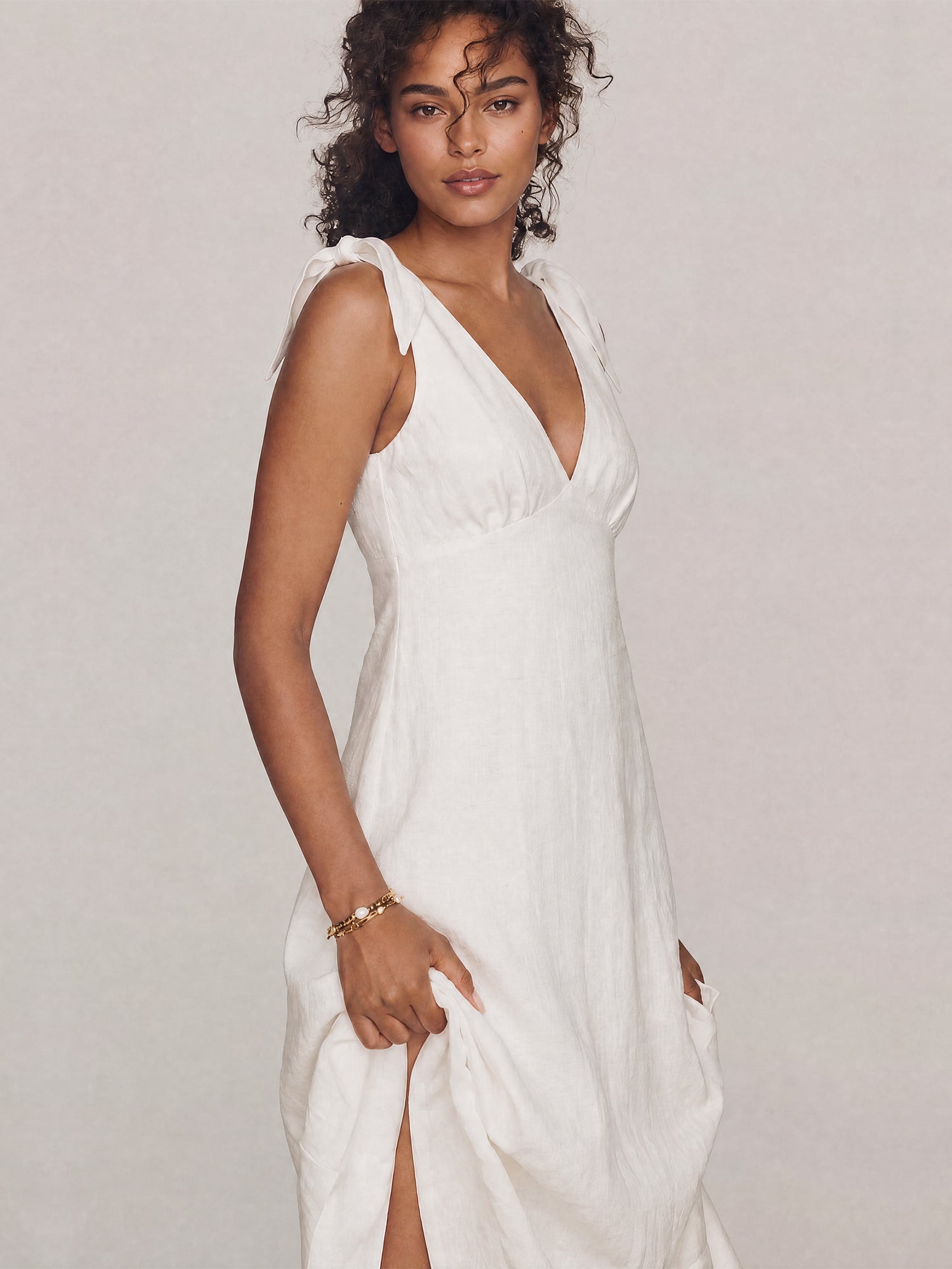 Tie Sleeve V Neck Bias Midi Dress - SMALL / White