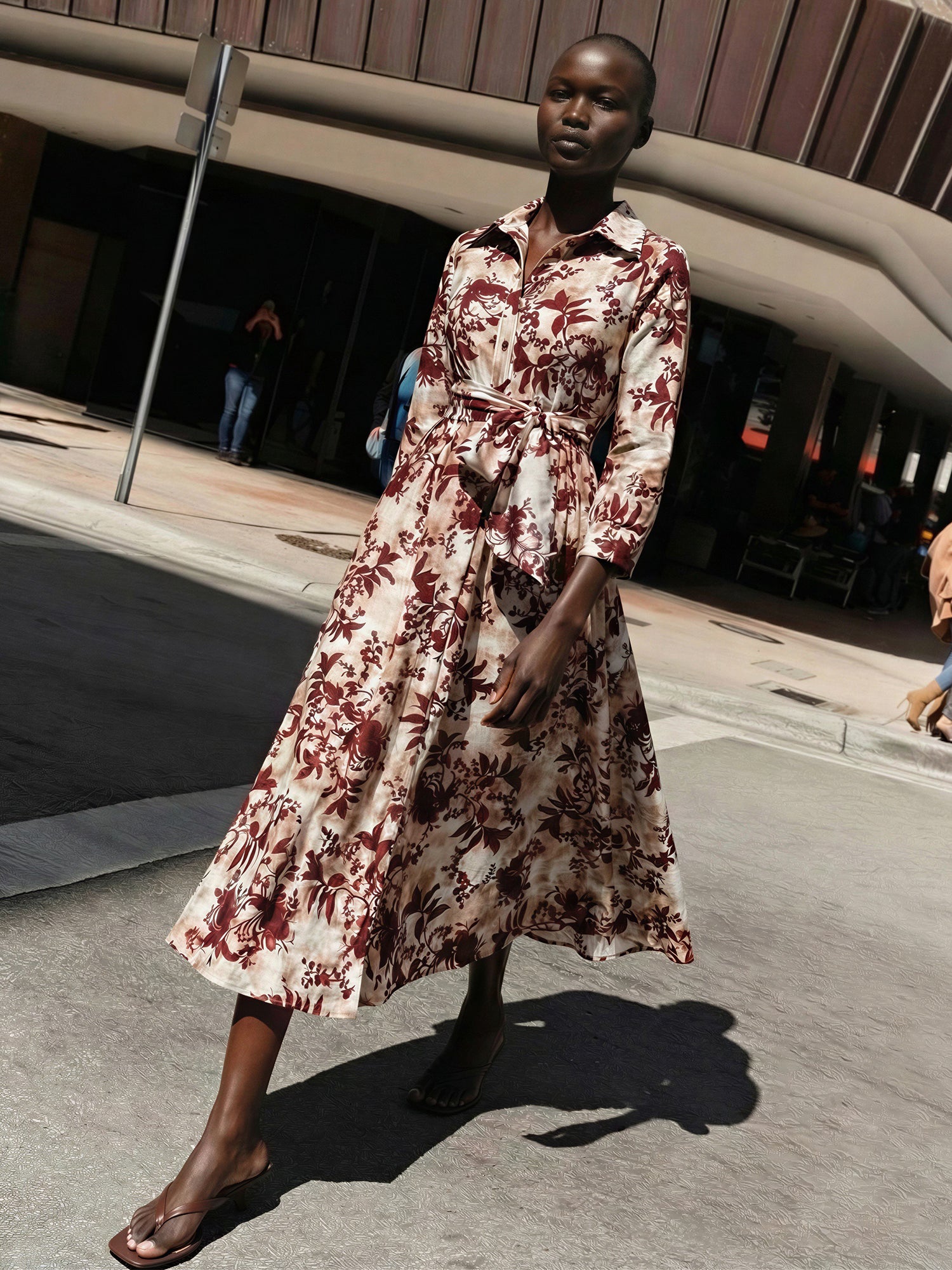 Long Sleeve Floral Tie Waist Midi Shirt Dress - SMALL / RED