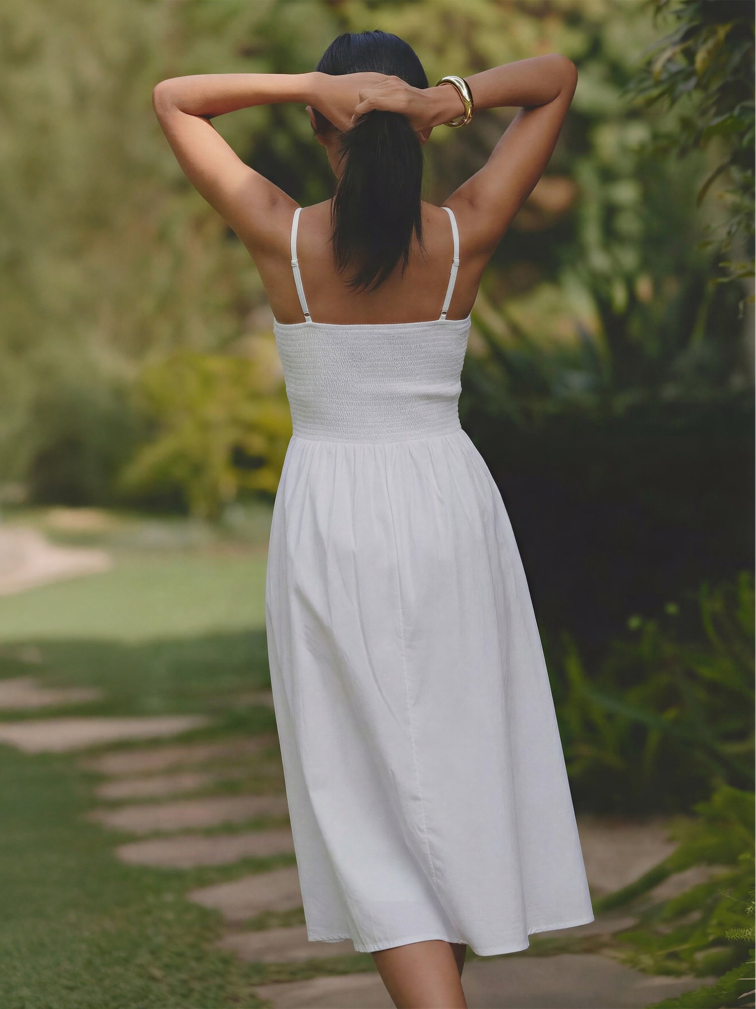 Sleeveless Ruched Bodice Cotton Poplin Midi Sun Dress – New York & Company