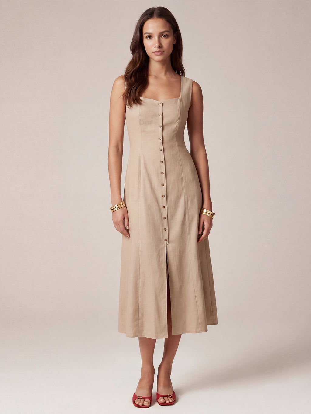 Sleeveless Button Down A Line Maxi Dress - SMALL / NATURAL