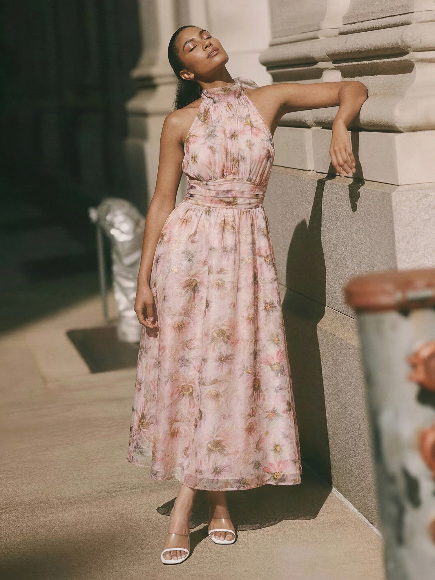 Floral Halter Chiffon Midi Dress - SMALL / PINK