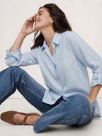 Long Sleeves Collared Linen Blend Rolled Sleeve Button Down Shirt