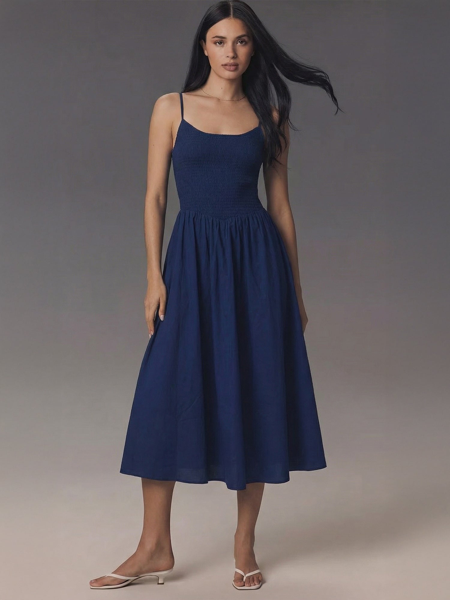 Sleeveless Ruched Bodice Cotton Poplin Midi Sun Dress - MEDIUM / Black