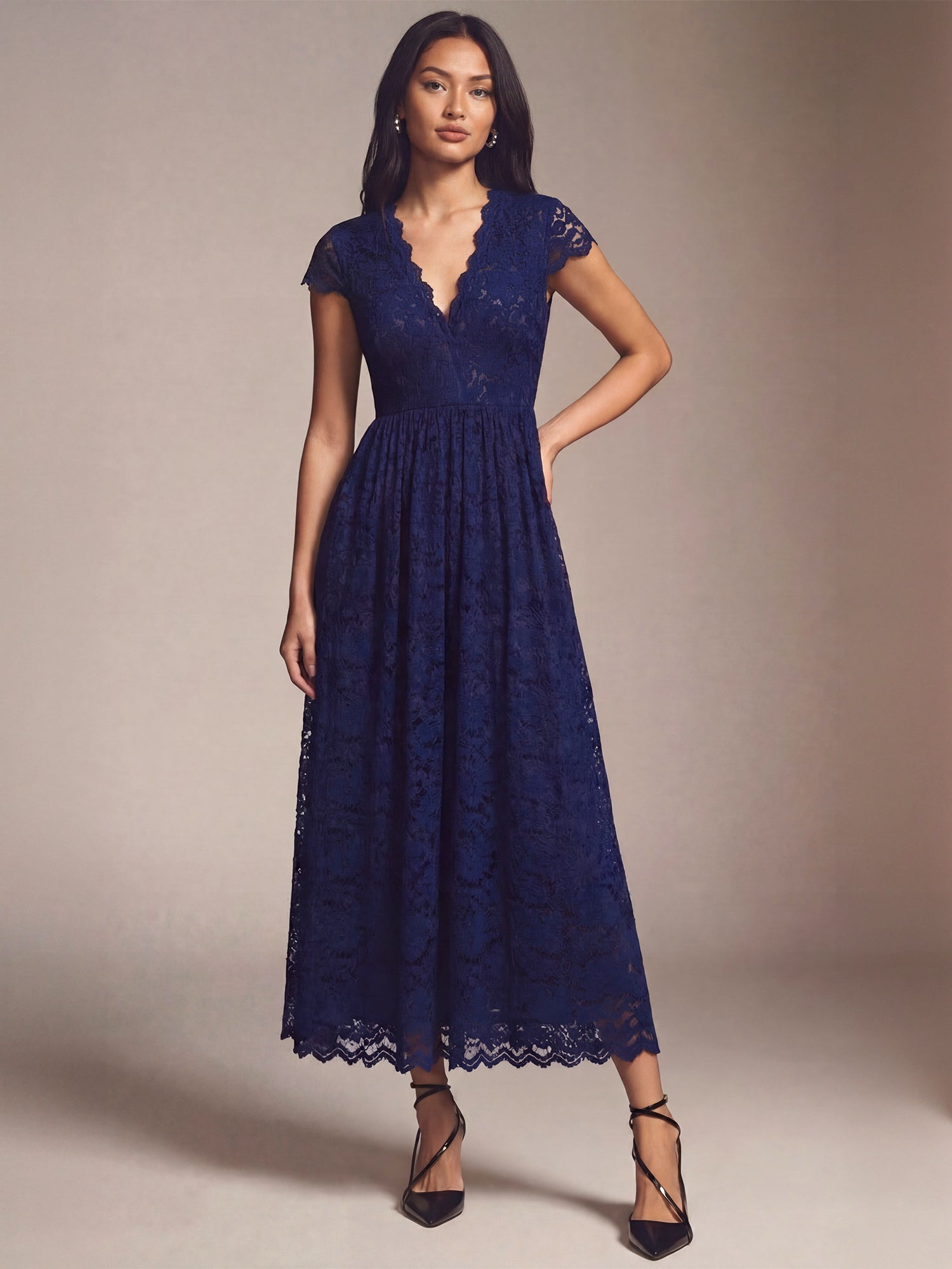 Short Sleeve Lace V Neck Maxi Dress - MEDIUM / GREEN