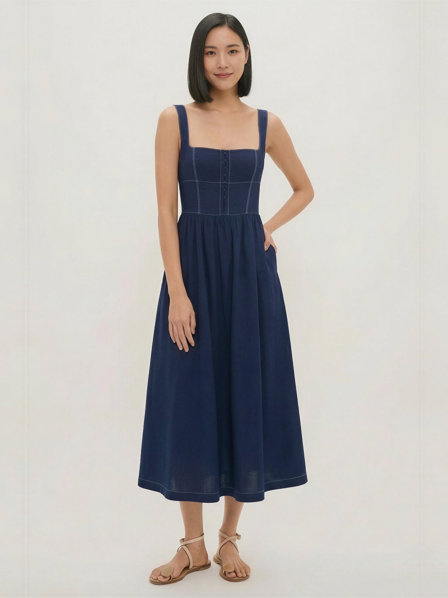 Square Neck Fit And Flare Midi Dress - SMALL / BLUE - NAVY Square Neck Fit And Flare Midi Dress - SMALL / BLUE - NAVY