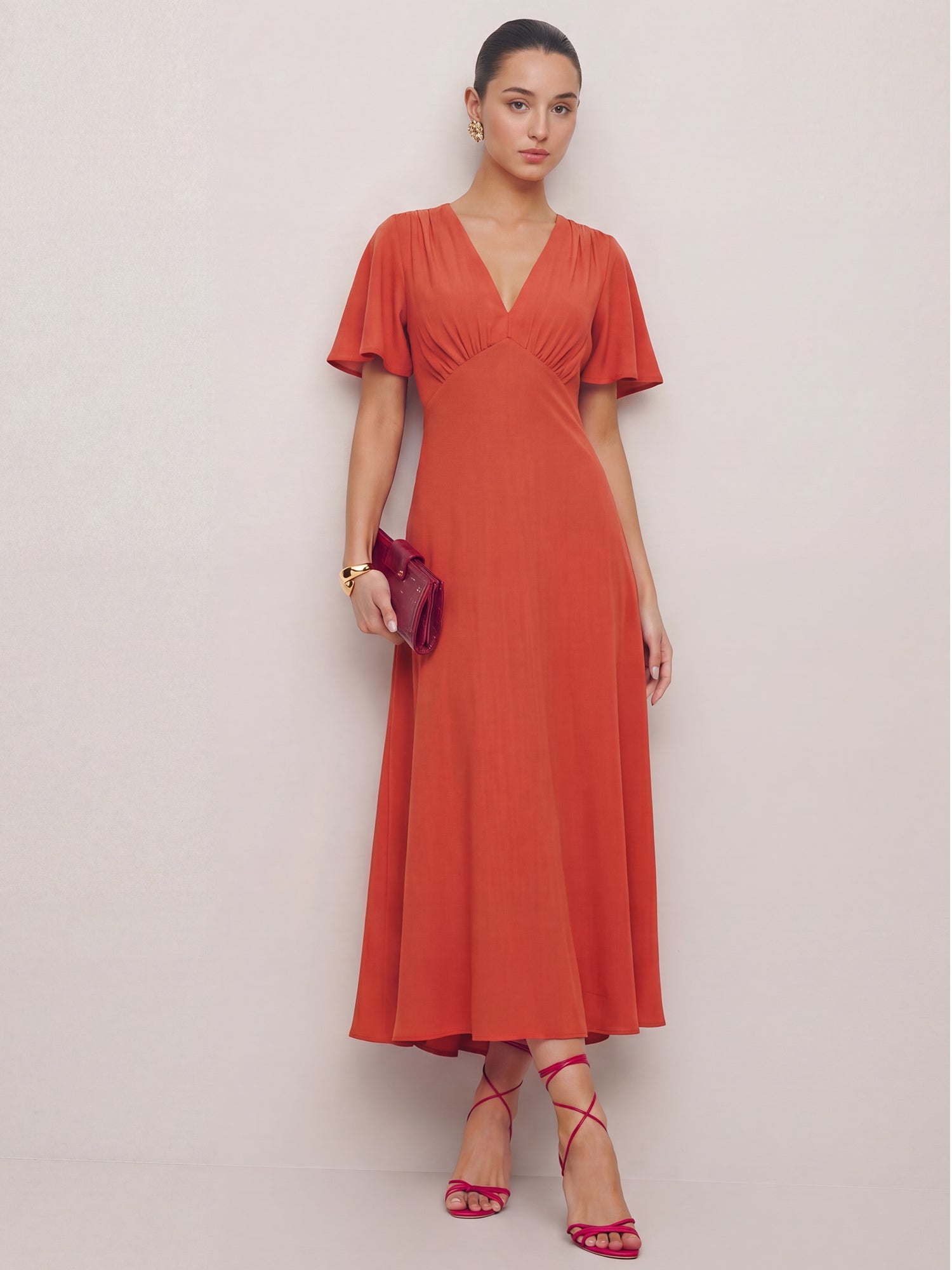 V Neck Woven A Line Midi Dress - SMALL / RED