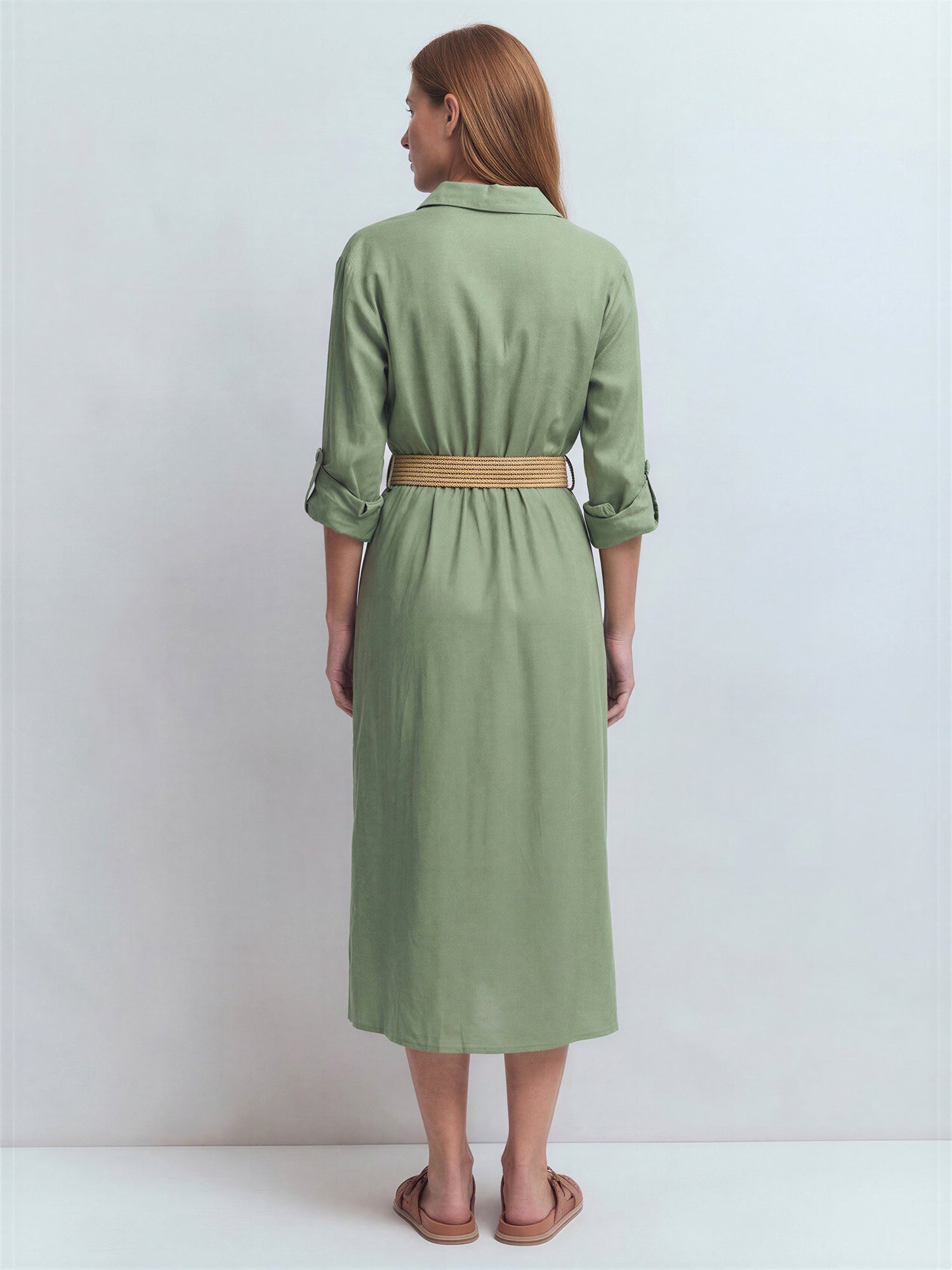 midi dress shirt Long Sleeve Utility Button Down Linen Shirt Midi Dress - MEDIUM / GREEN