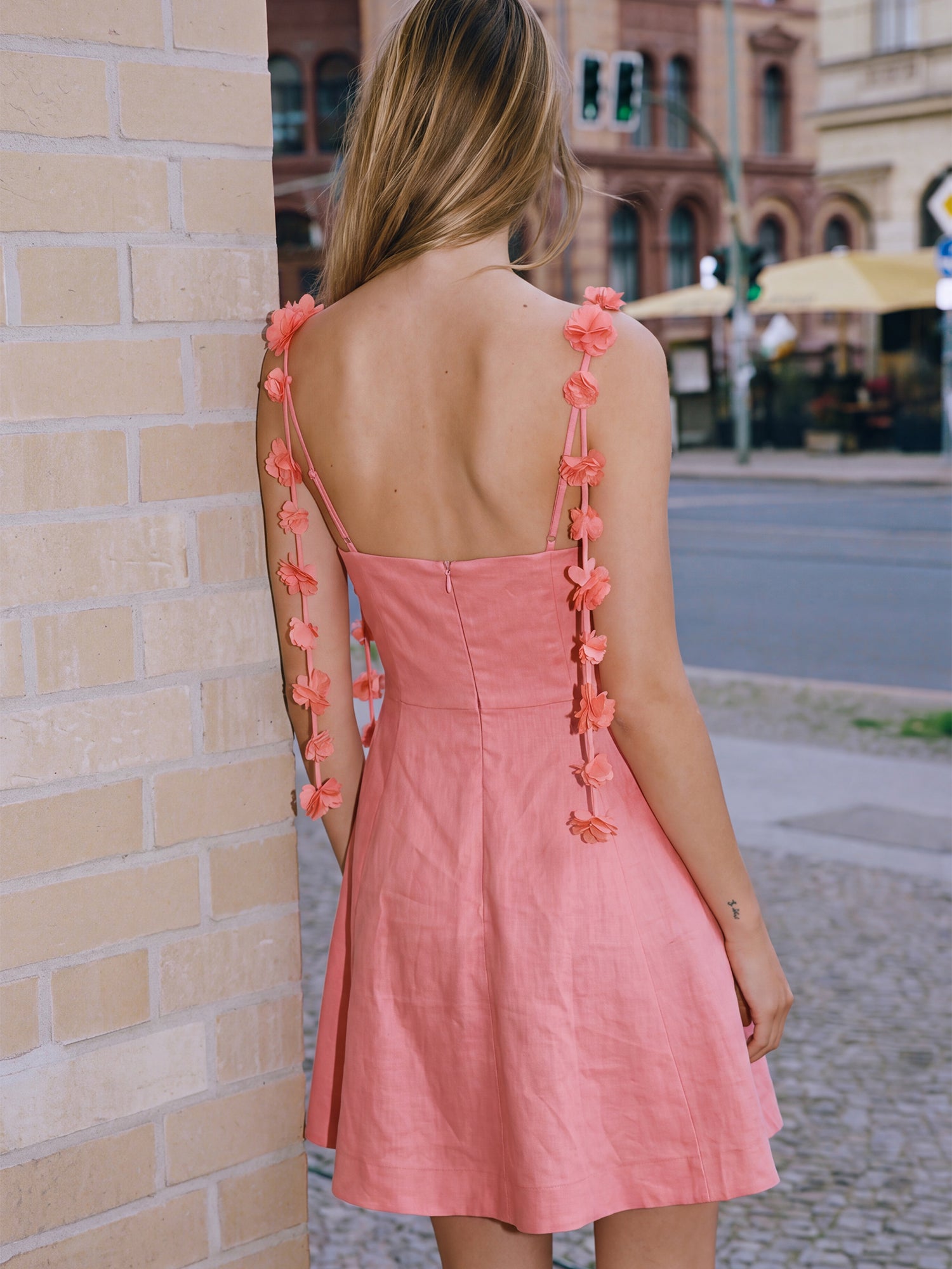 Sleeveless 3D Floral Straps Square Neck A Line Mini Dress - SMALL / PINK