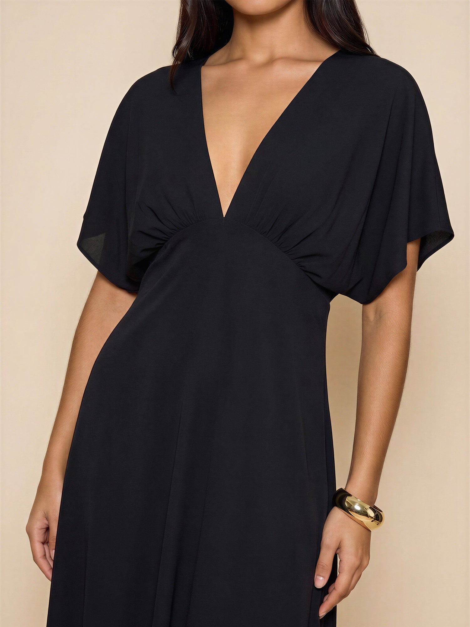 Short Sleeve Low V-Neck Maxi Dress - MEDIUM / Black - Black Short Sleeve Low V-Neck Maxi Dress - MEDIUM / Black - Black