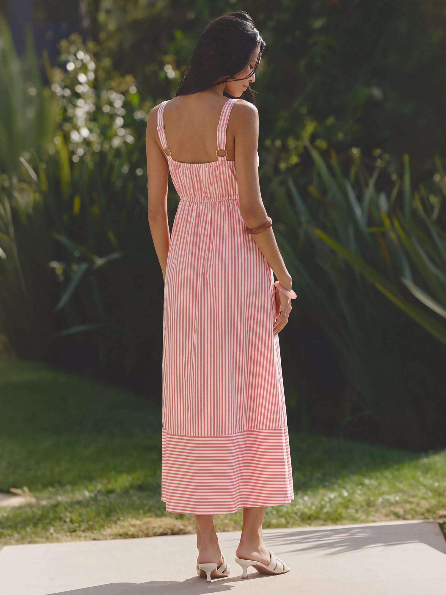 Sleeveless Striped Fit And Flare Button Down Maxi Dress - MEDIUM / RED