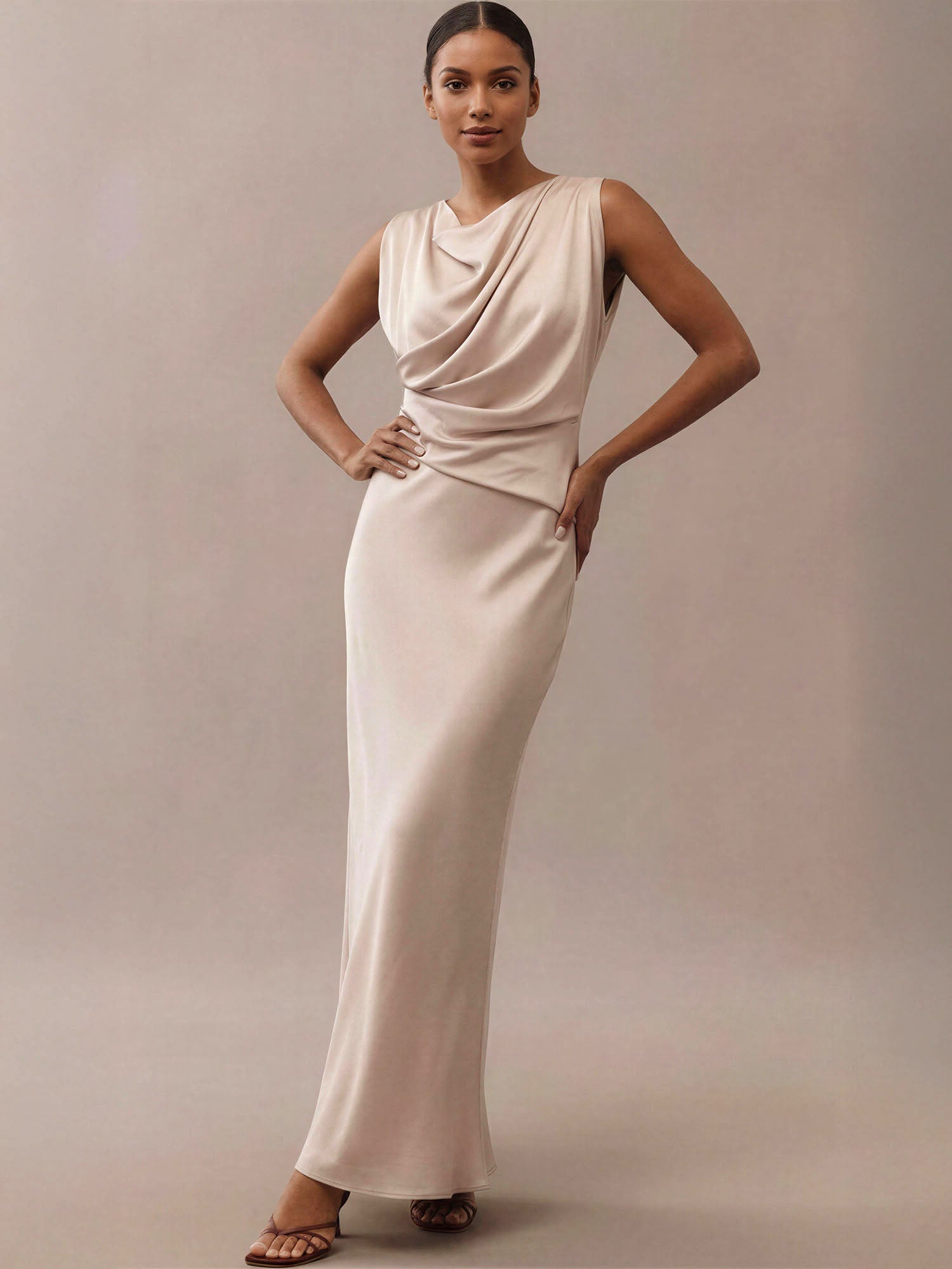 Sleeveless Satin Cowl Neck Side Ruched Maxi Dress - LARGE / BROWN