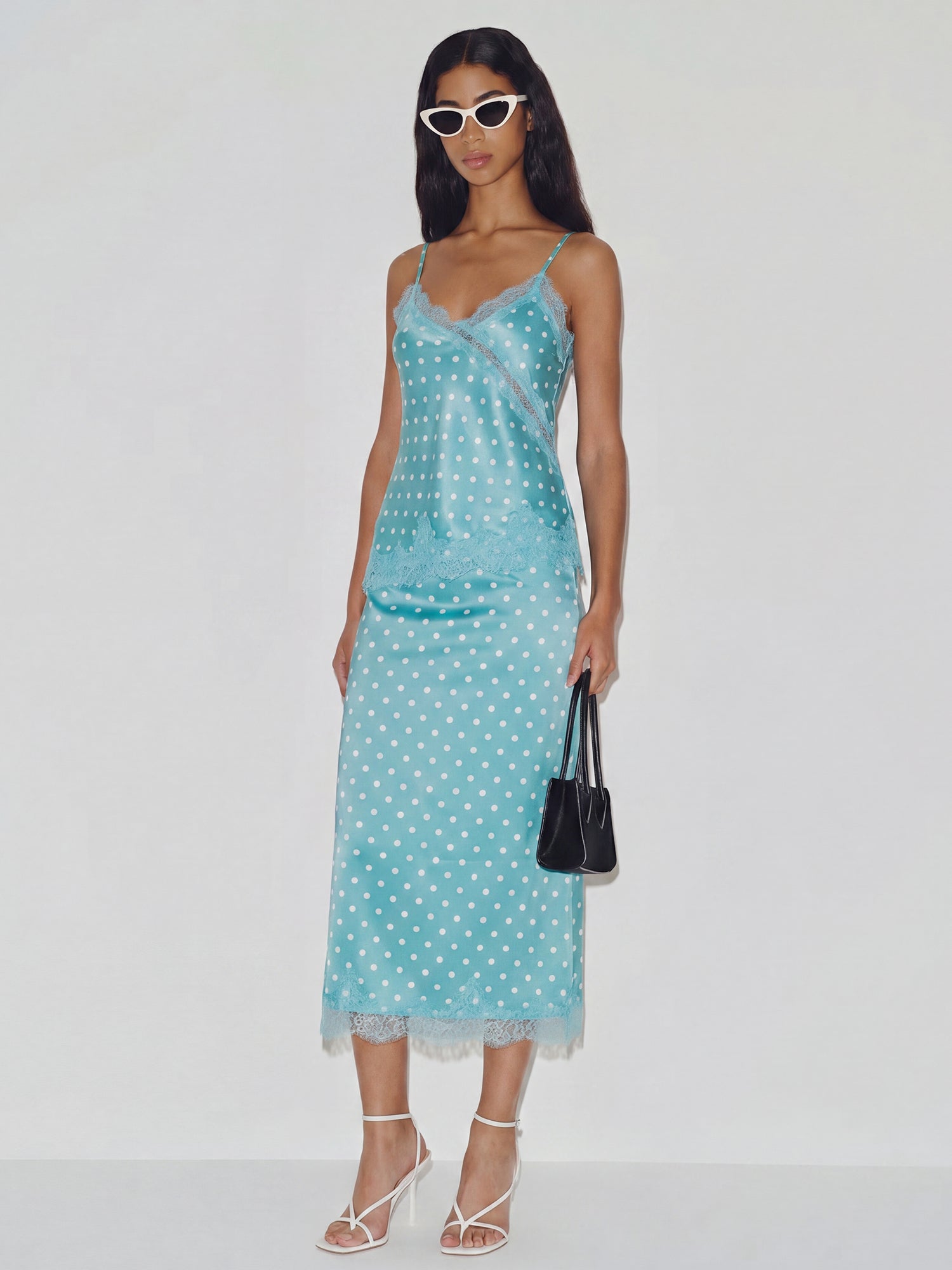 Stretch Satin Polka Dot Lace Midi Slip Skirt – New York & Company