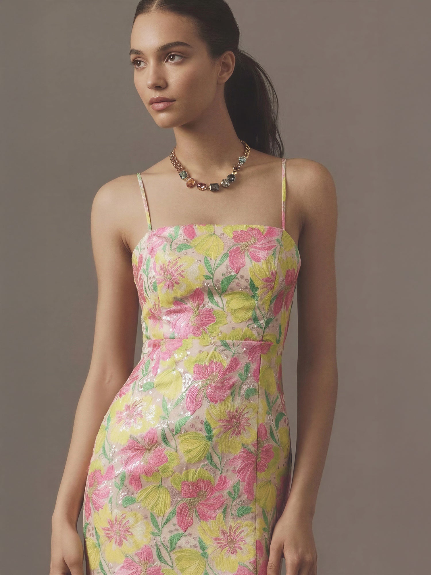 Floral Jacquard Slit Midi Cocktail Dress – New York & Company