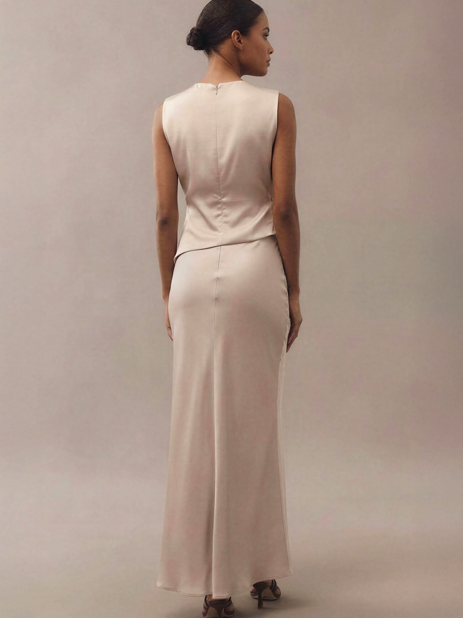 Sleeveless Satin Cowl Neck Side Ruched Maxi Dress - MEDIUM / BROWN
