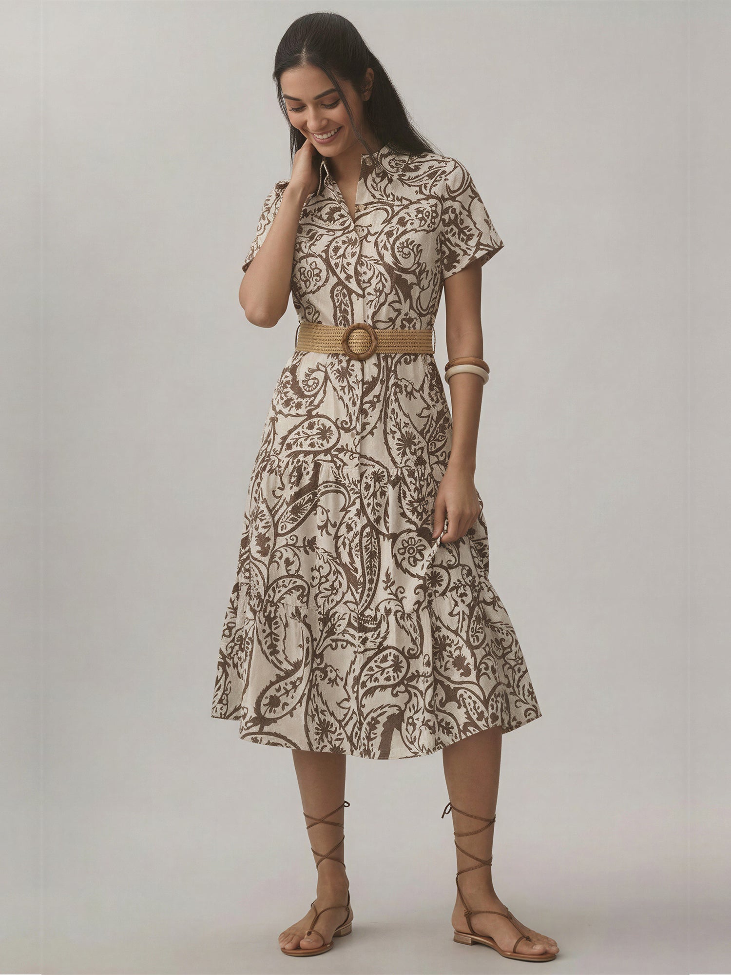 Short Sleeve Cotton Poplin Foliage Print Shirt A Line Midi Dress - SMALL / BROWN