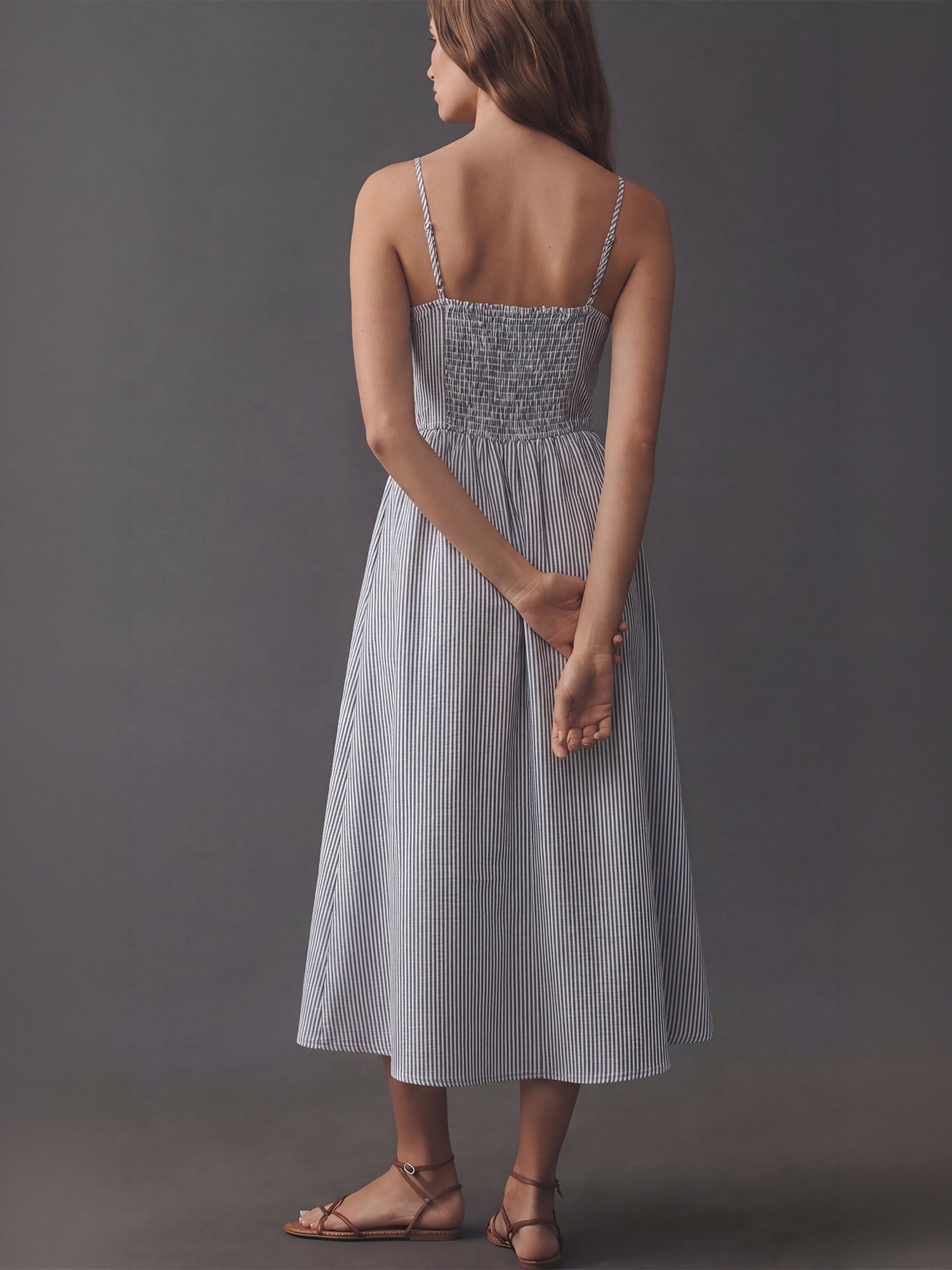 Sleeveless Square Neck Striped Fit And Flare Midi Dress - LARGE / BLUE