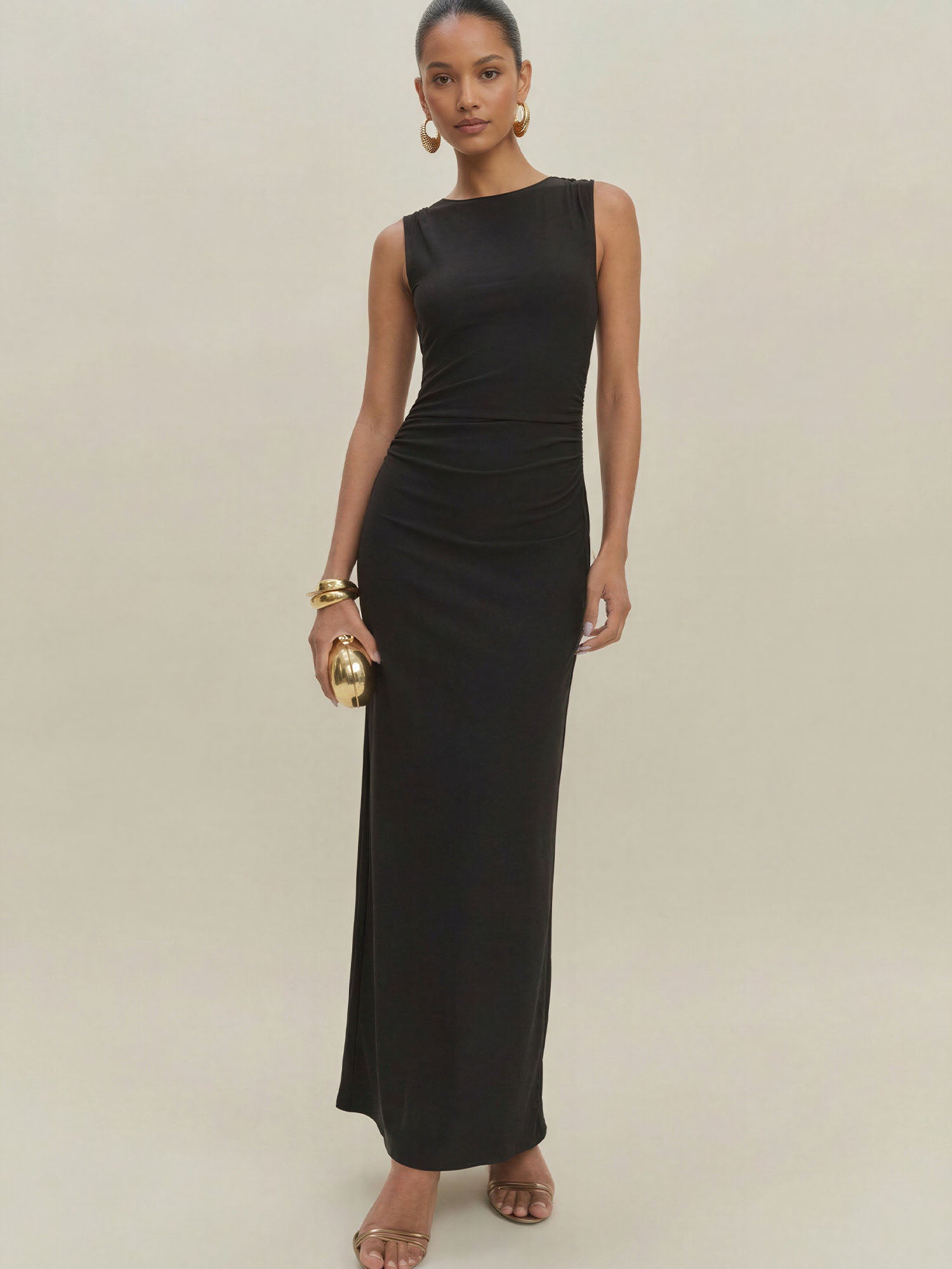 Sleeveless Ruched Side Midi Dress - MEDIUM / Black