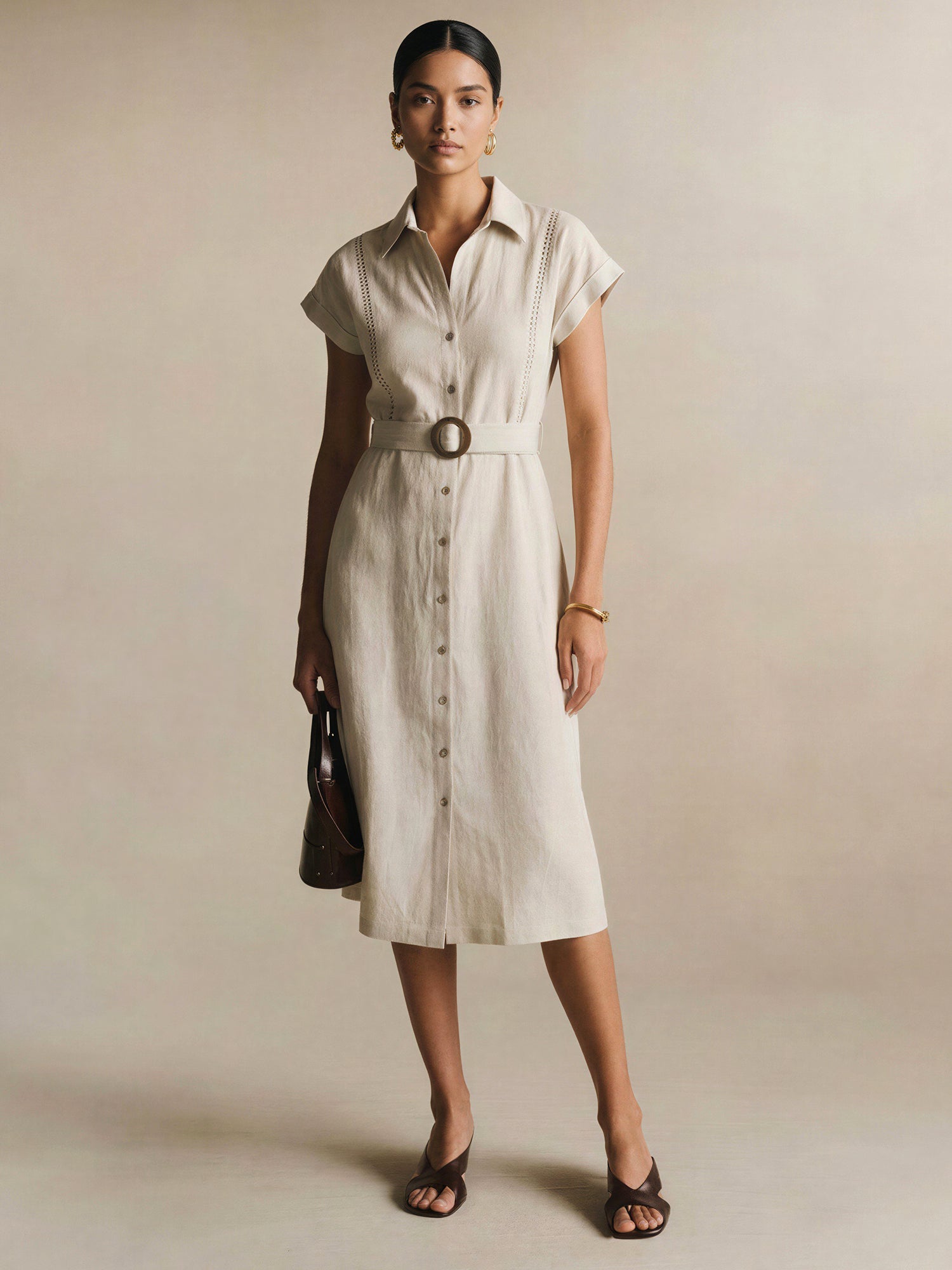 Short Sleeve Crochet Trim Linen A Line Shirt Midi Dress - SMALL / NATURAL