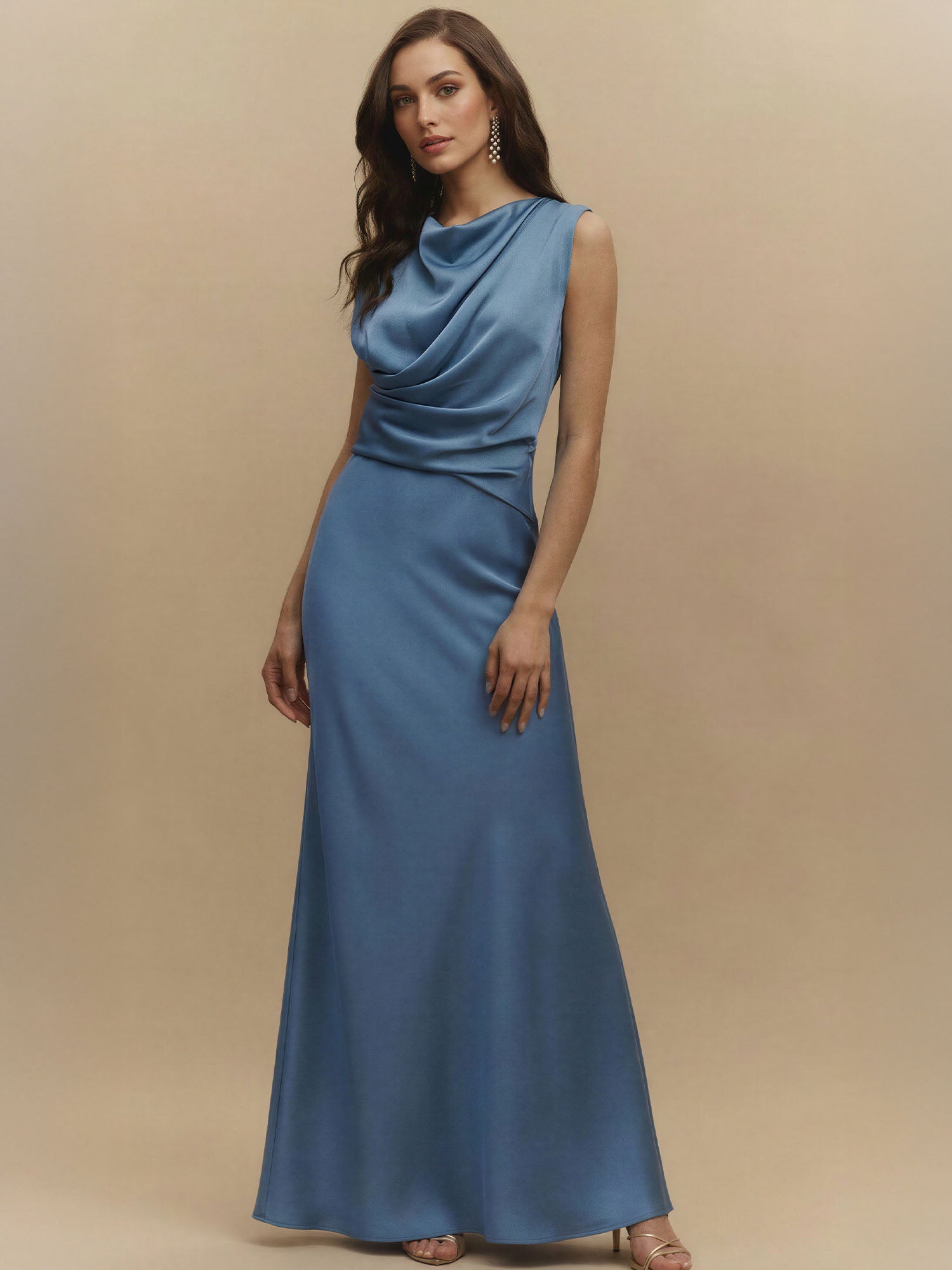 Sleeveless Satin Cowl Neck Side Ruched Maxi Dress - SMALL / BLUE