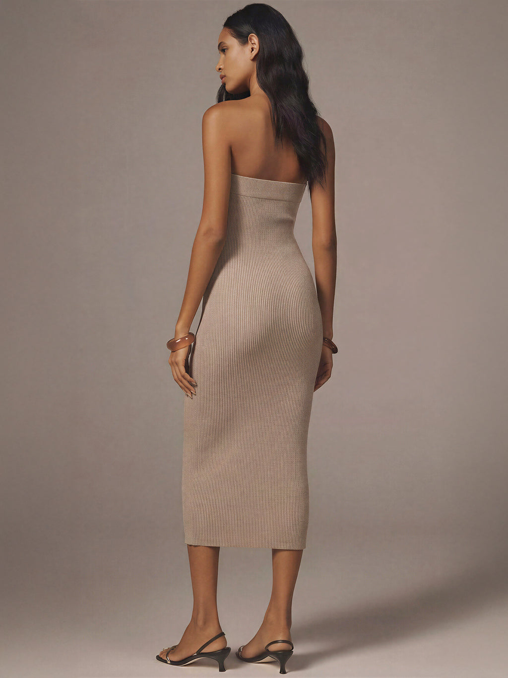 Strapless Glitter Knit Bodycon Midi Dress - SMALL / YELLOW