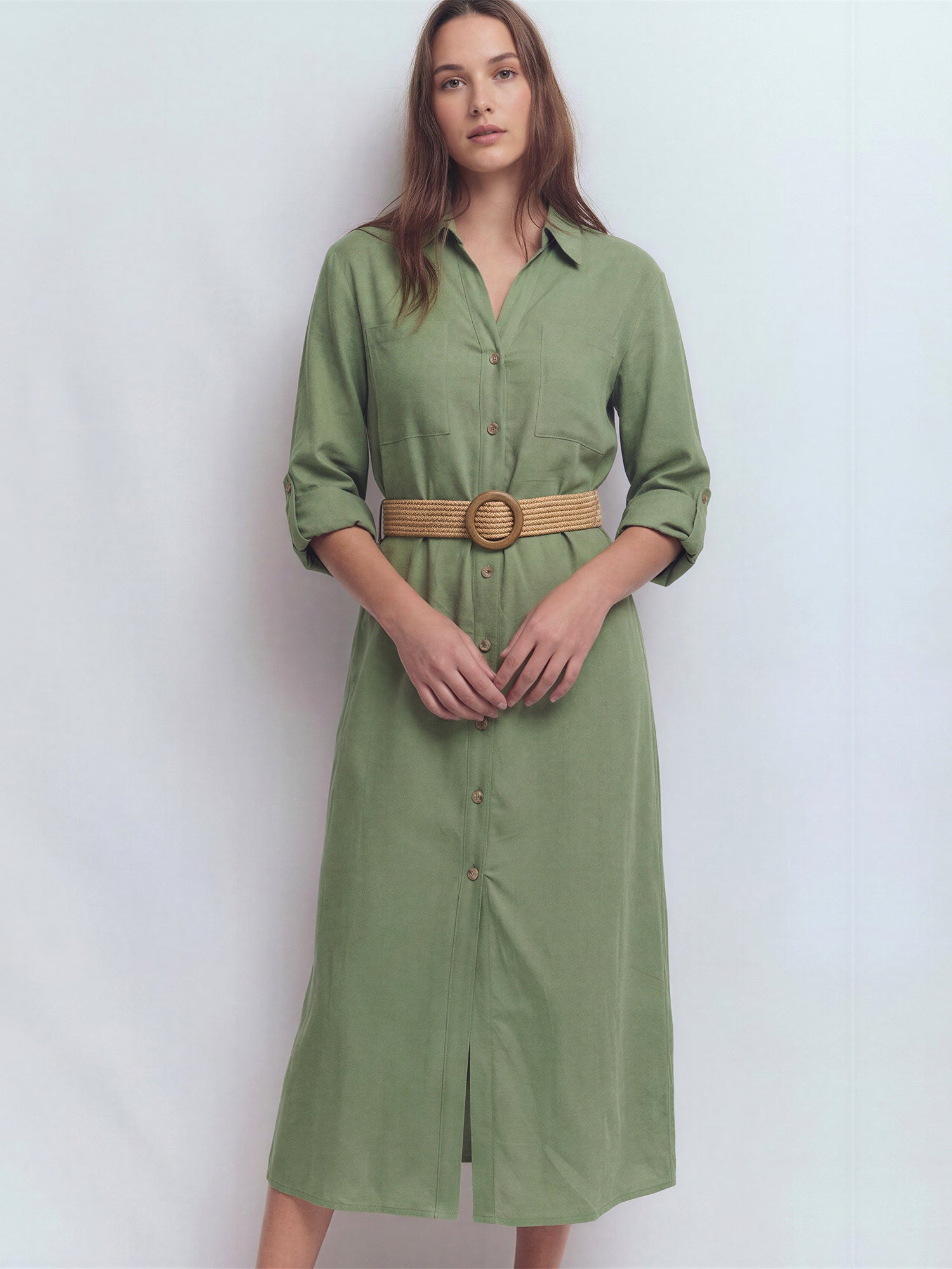 Long Sleeve Utility Button Down Linen Shirt Midi Dress - MEDIUM / GREEN - OLIVE Long Sleeve Utility Button Down Linen Shirt Midi Dress - MEDIUM / GREEN - OLIVE
