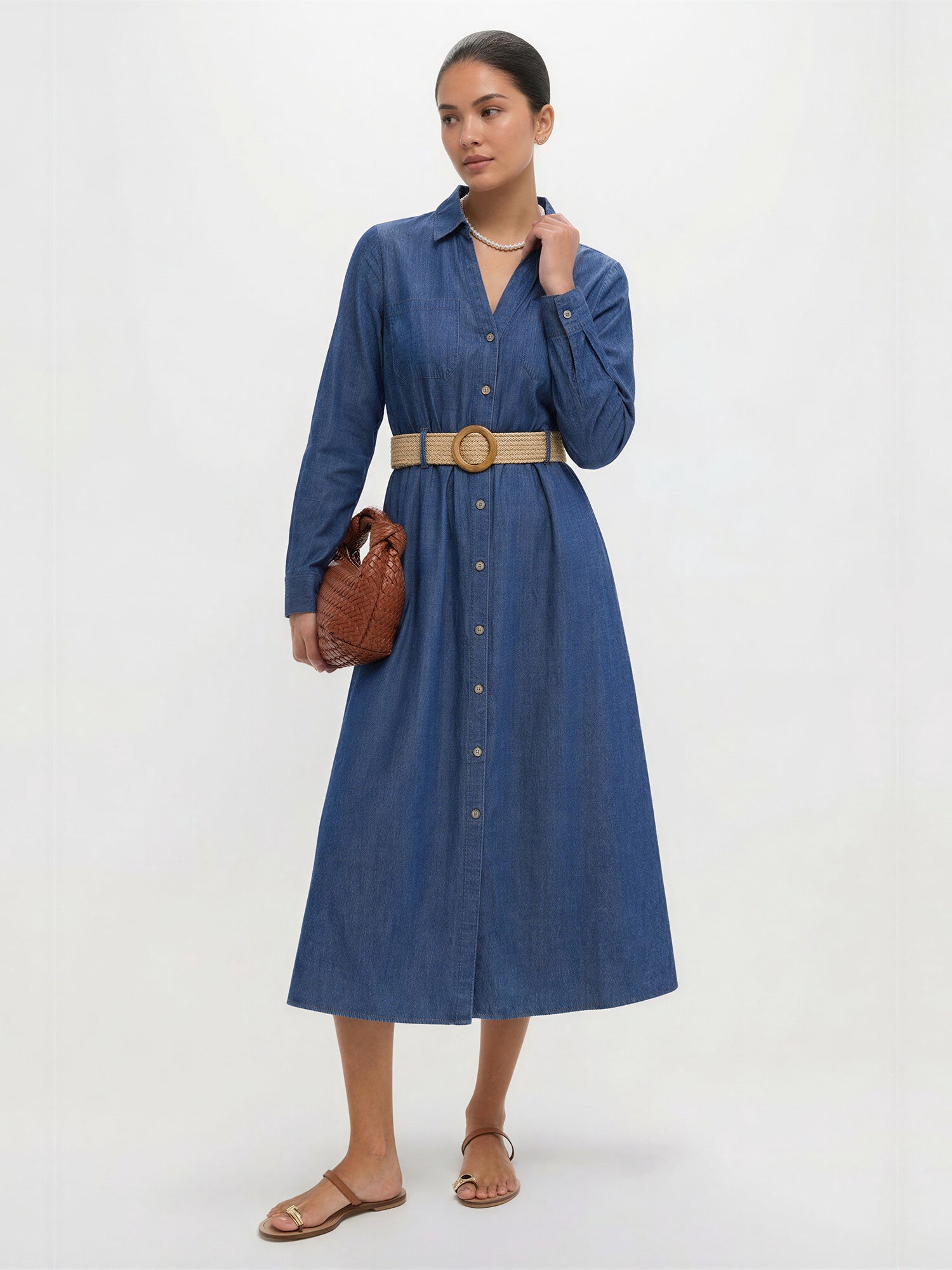 long sleeve cotton midi dress Long Sleeve Chambray Belted Shirt Cotton Midi Dress - SMALL / BLUE