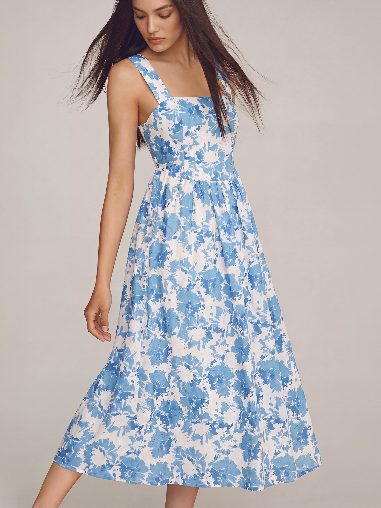 blue floral square neck dress Square Neck Floral Blue Midi Dress, Blouson Sleeve Dress