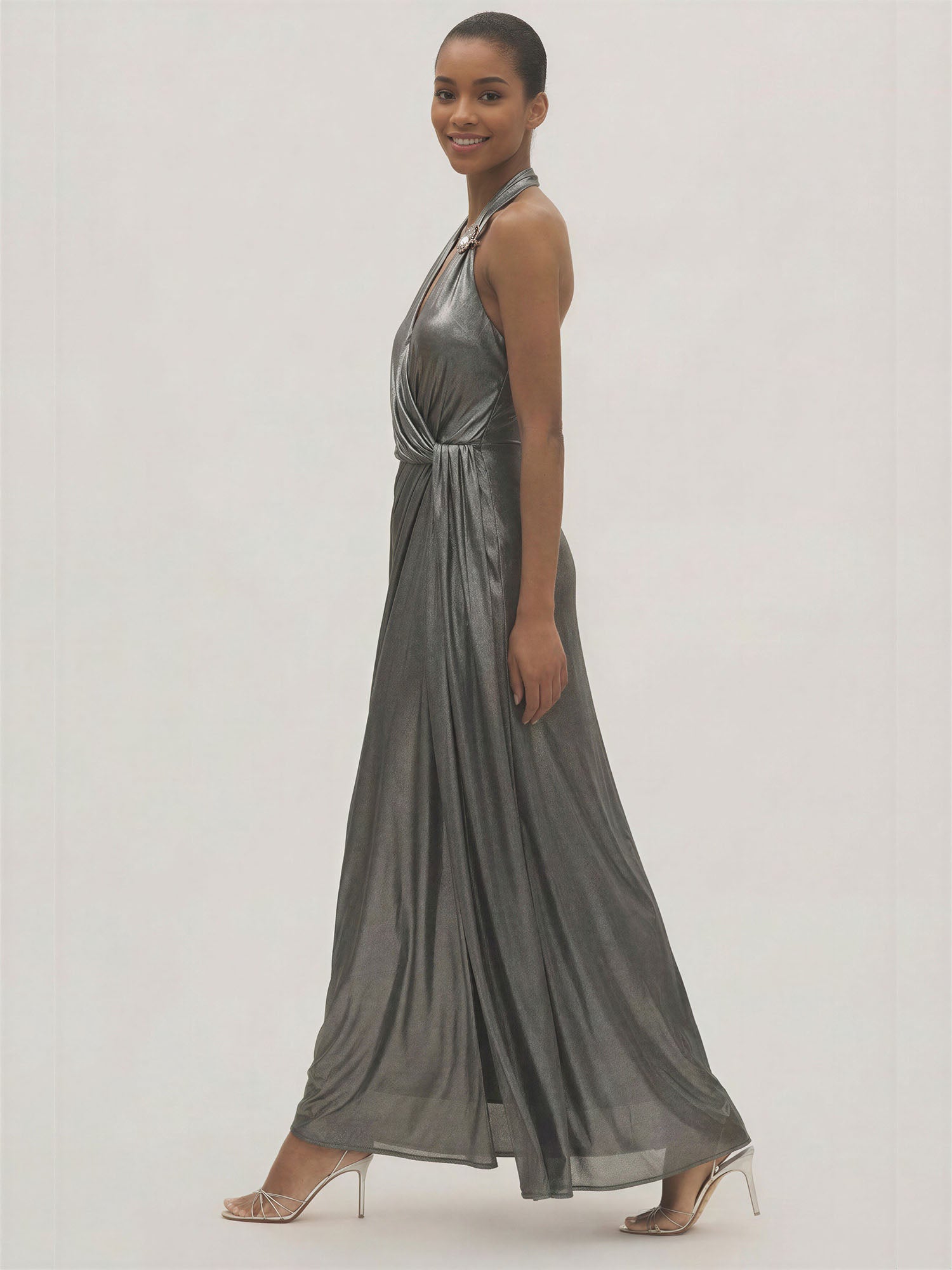 Wrap Front Halter Neck Metallic Gown – New York & Company