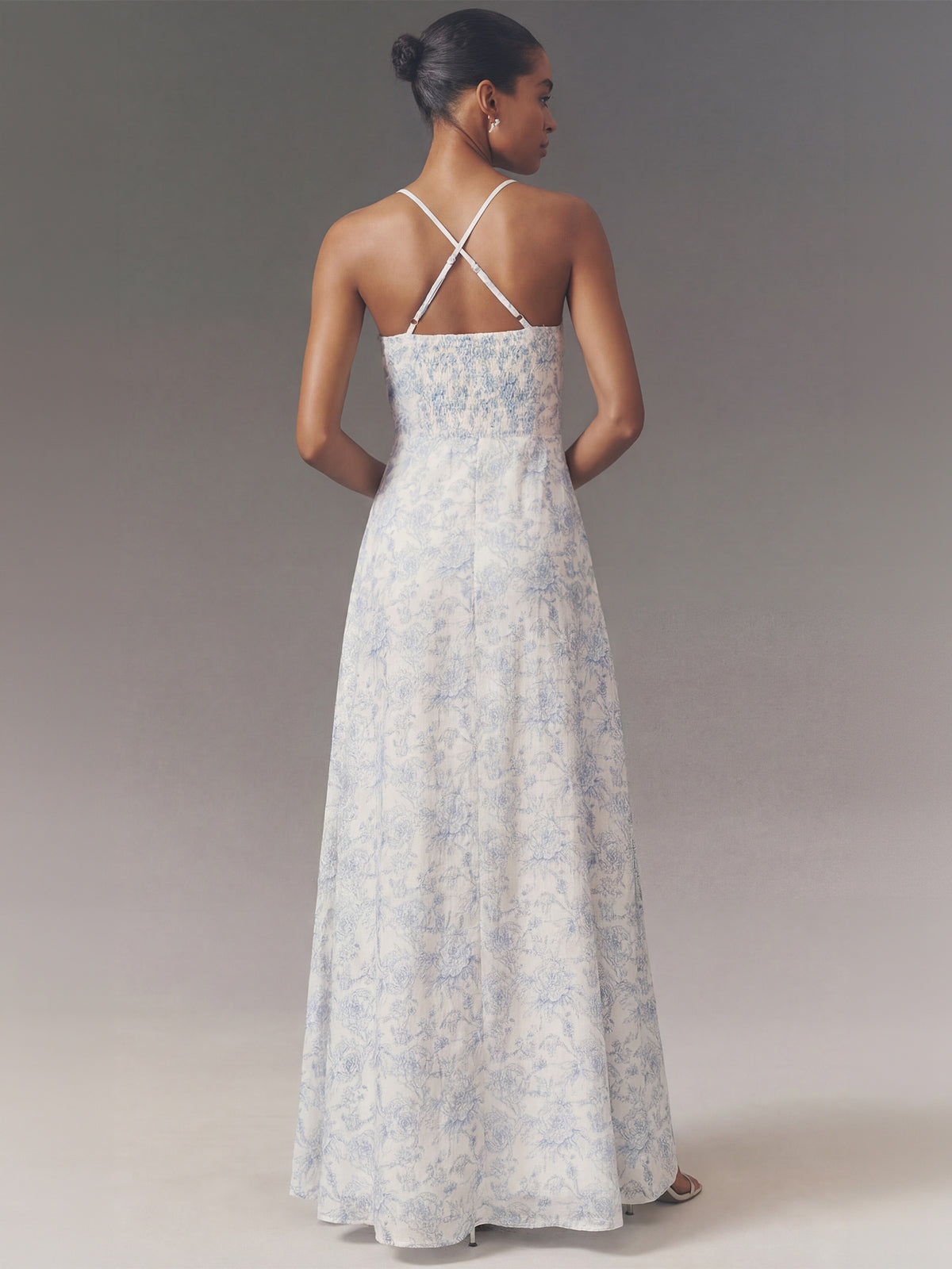 Sleeveless Keyhole Foral Toile Print Flowy Maxi Dress - SMALL / White