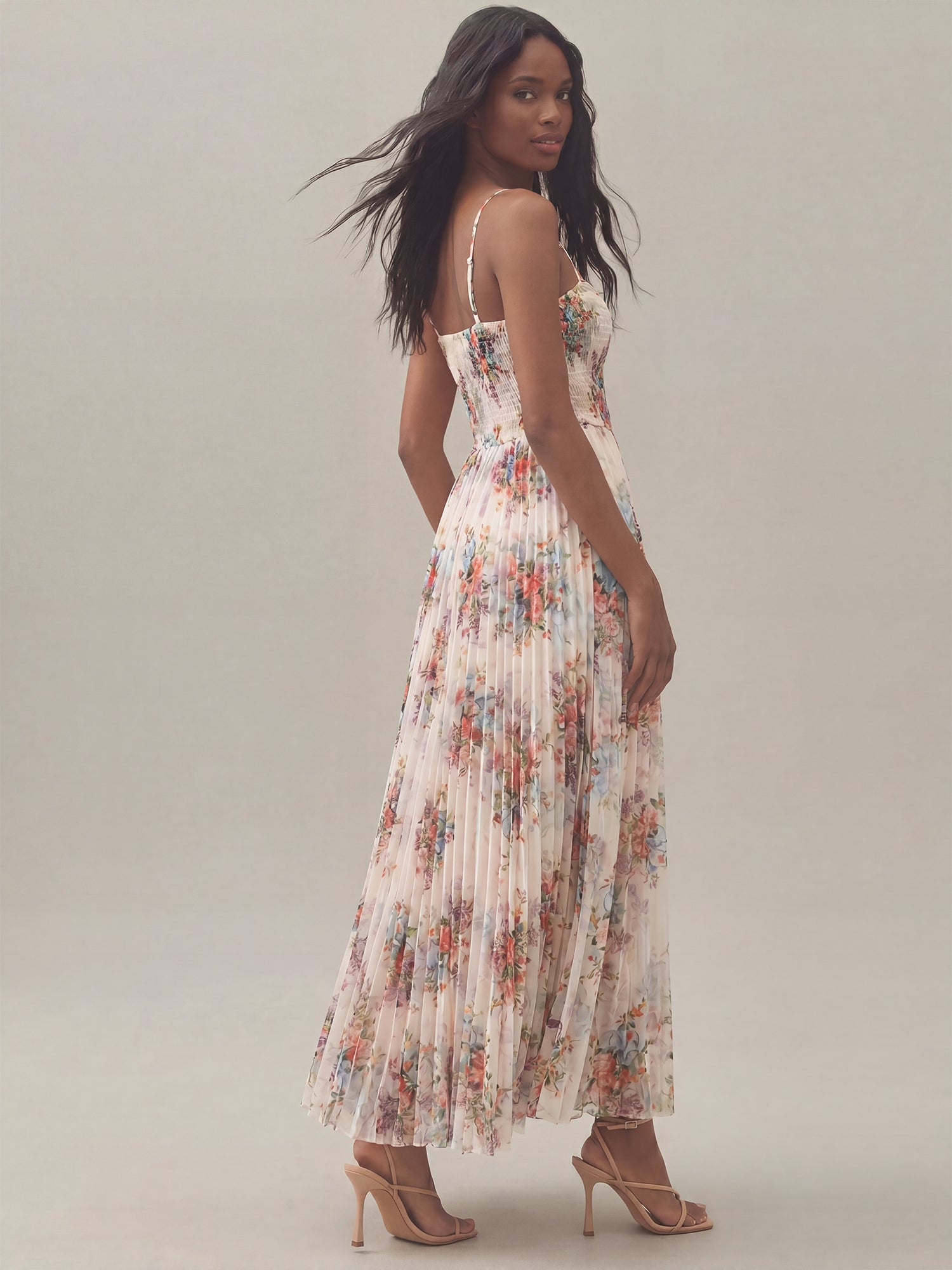 Flowy Floral Print Maxi Dress Pleated Skirt - SMALL / MULTICOLOR