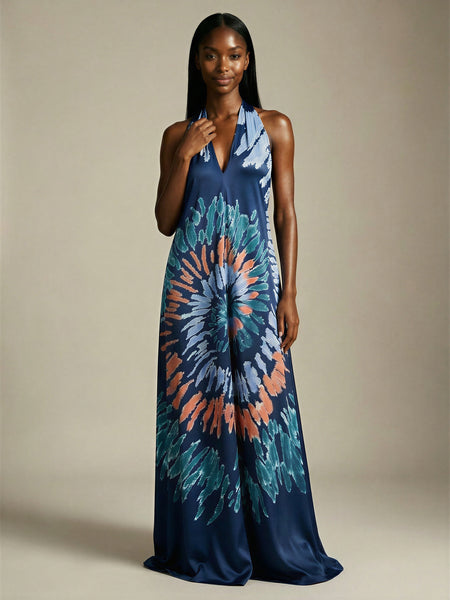 Printed Halter Maxi Dress With Pocket - SMALL / BLUE
