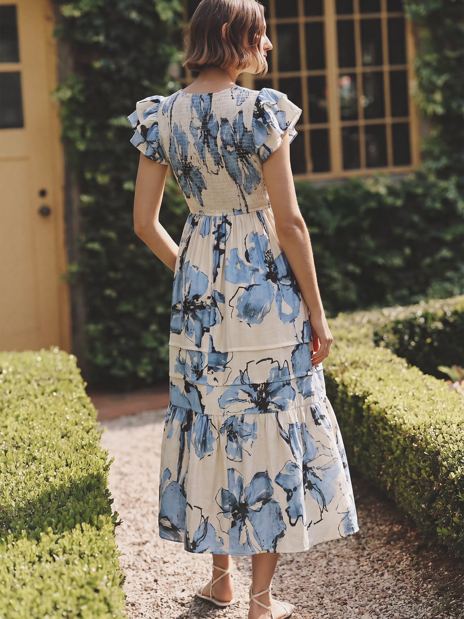 floral short sleeve midi dress Gina Pink Tiered Tie Neckline Short Sleeve Lace Front Floral
