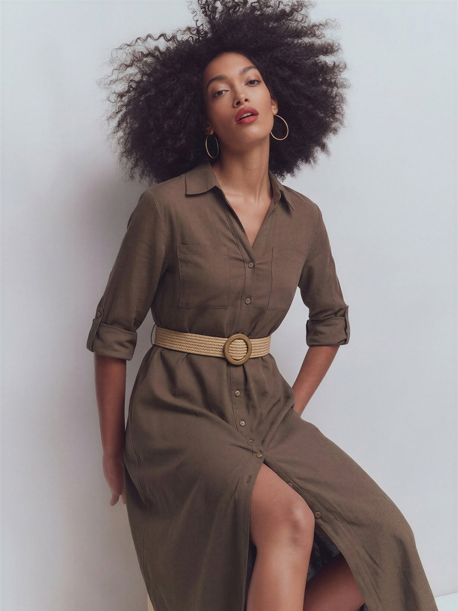 midi dress shirt Long Sleeve Utility Button Down Linen Shirt Midi Dress - MEDIUM / GREEN