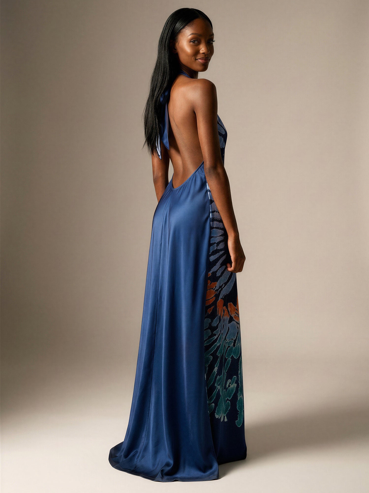halter dress with pockets Printed Halter Maxi Dress With Pocket - SMALL / BLUE