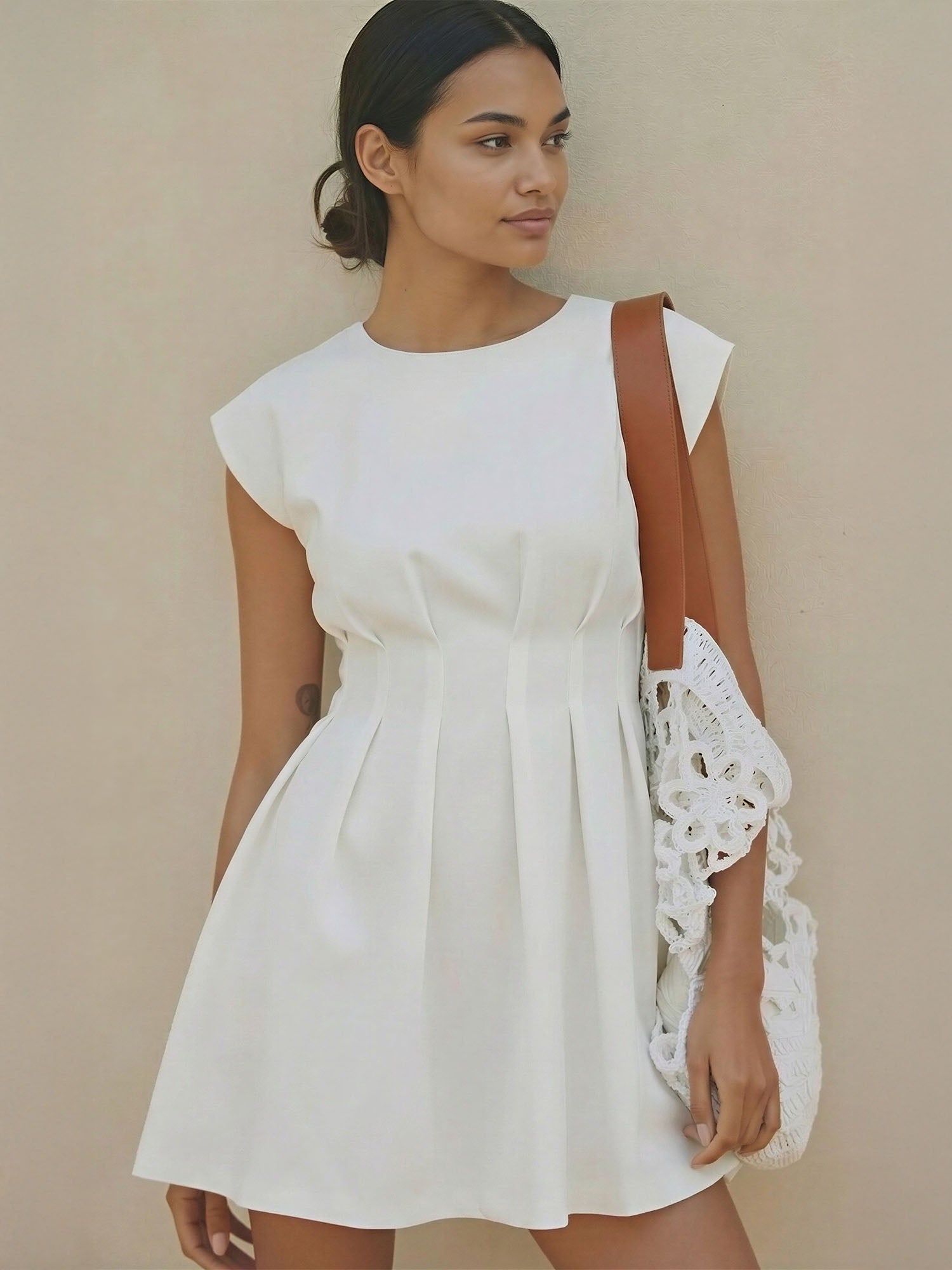 Cinched Pleated Waist Detail A-Line Mini Dress - LARGE / White