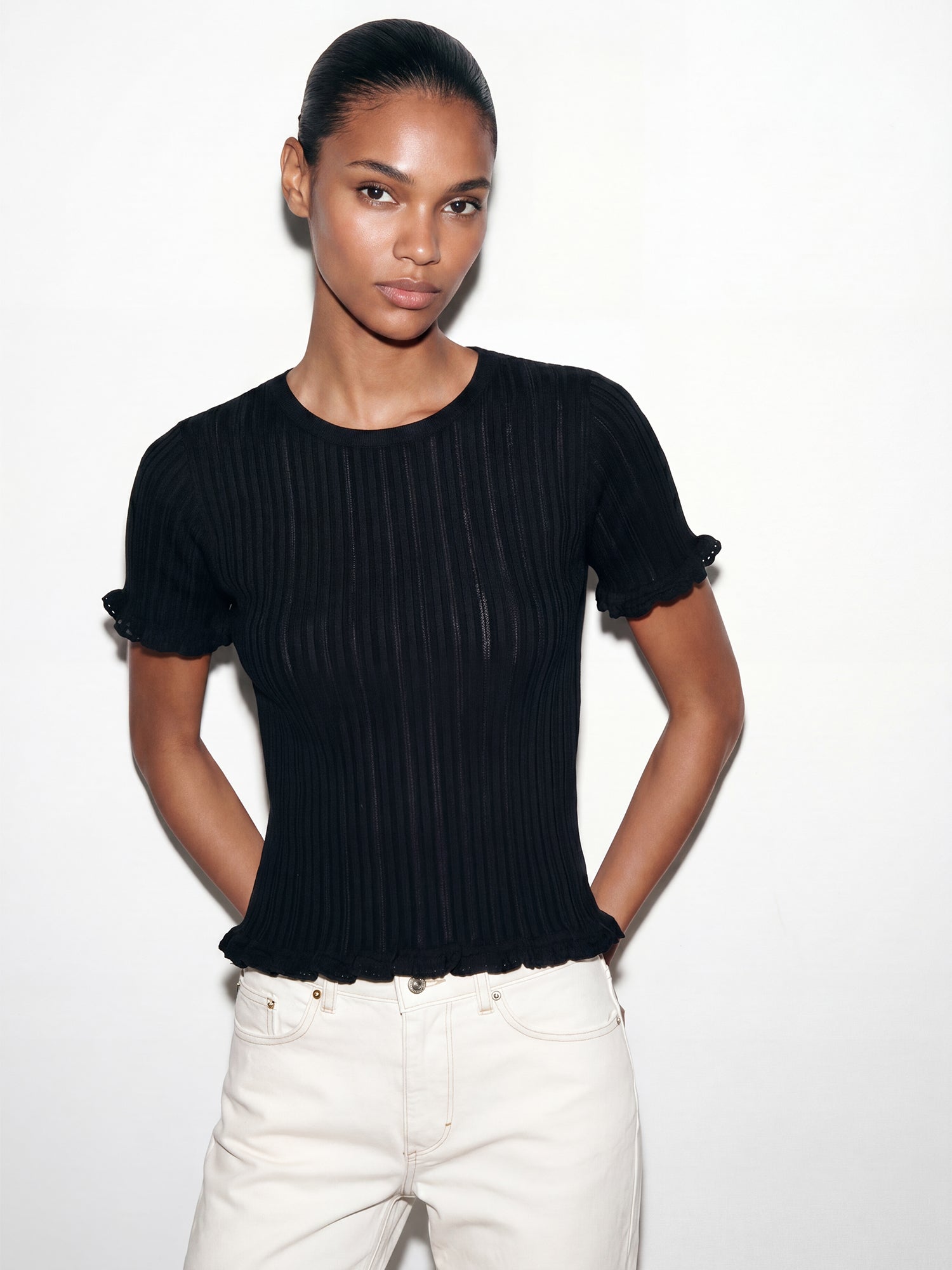 Shortsleeves Rib Knit Ruffle Trim Top – New York & Company