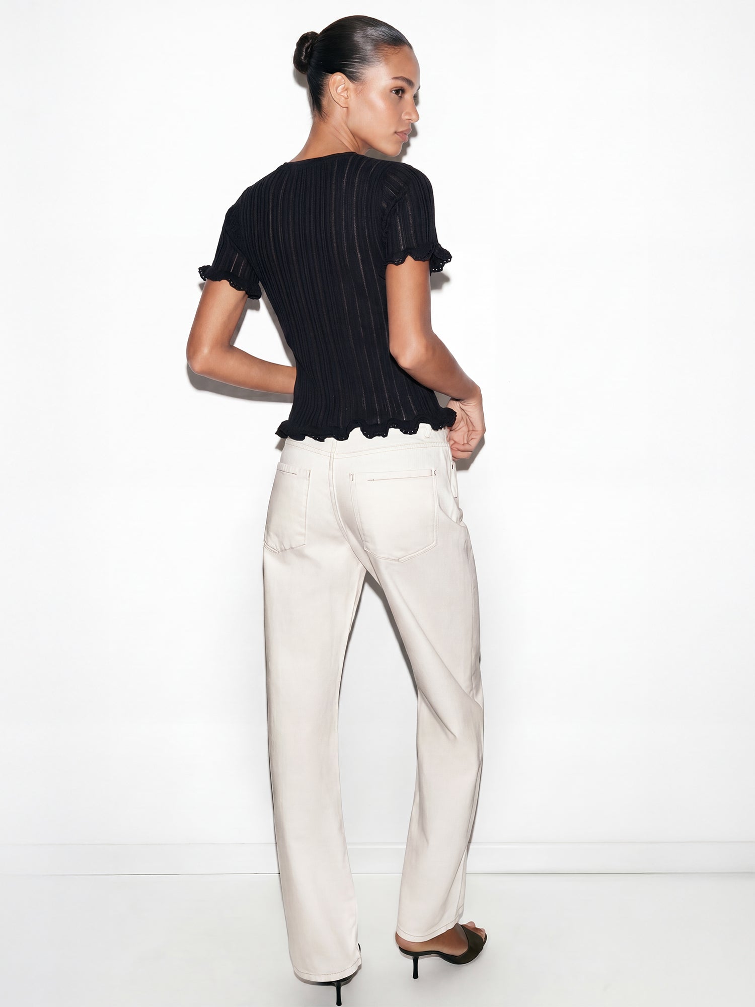 Shortsleeves Rib Knit Ruffle Trim Top – New York & Company