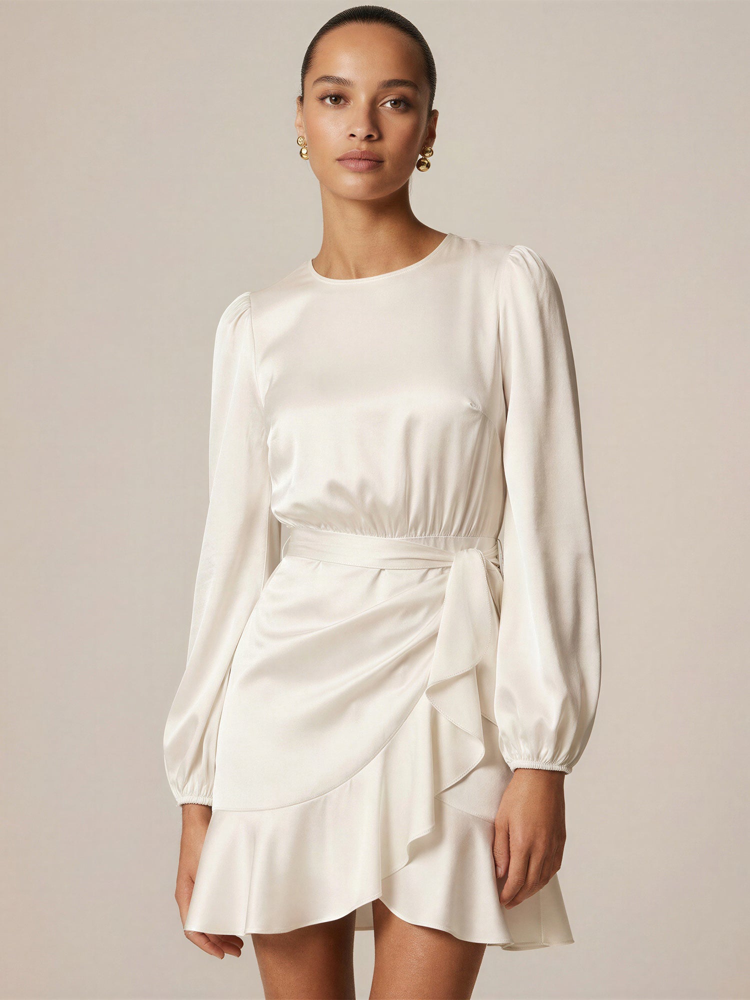 Long Sleeve Wrap Satin Mini Dress - SMALL / NATURAL