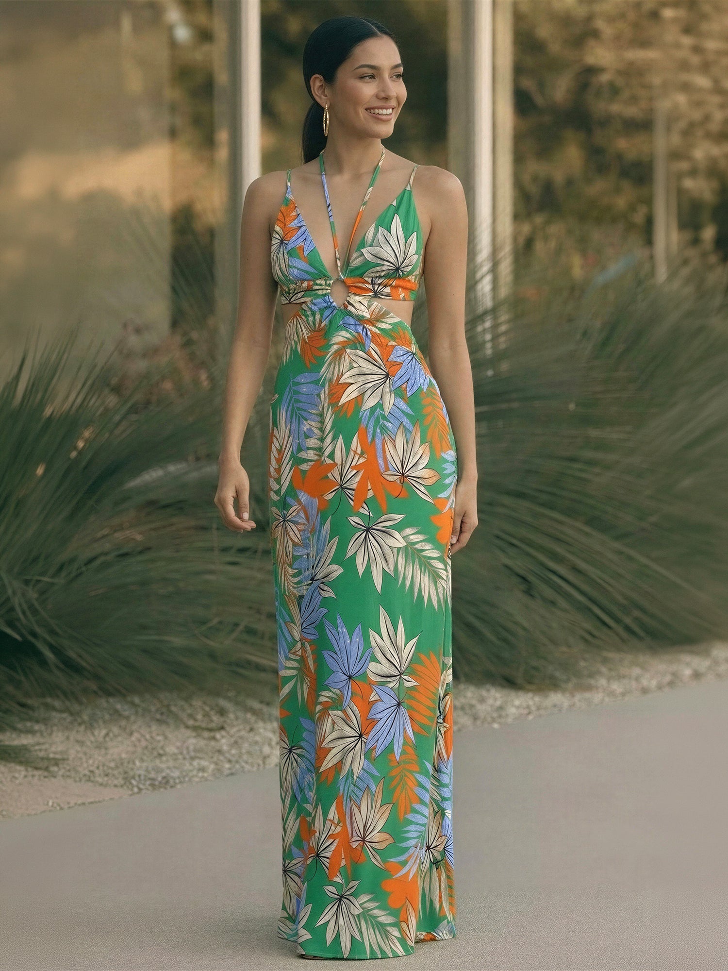 Sleeveless Keyhole Side Cutout Tropical Maxi Dress - SMALL / GREEN