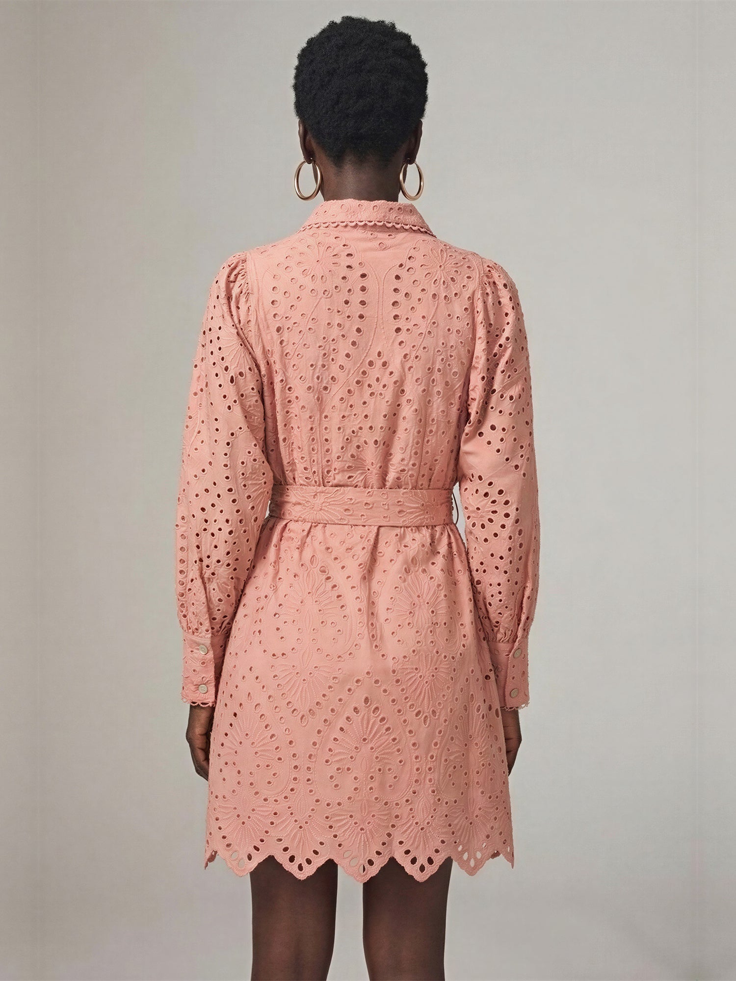 a line button down dress Long Sleeve Button Down Collar Eyelet Lace Fit A-Line Cotton Dress - SMALL / PURPLE