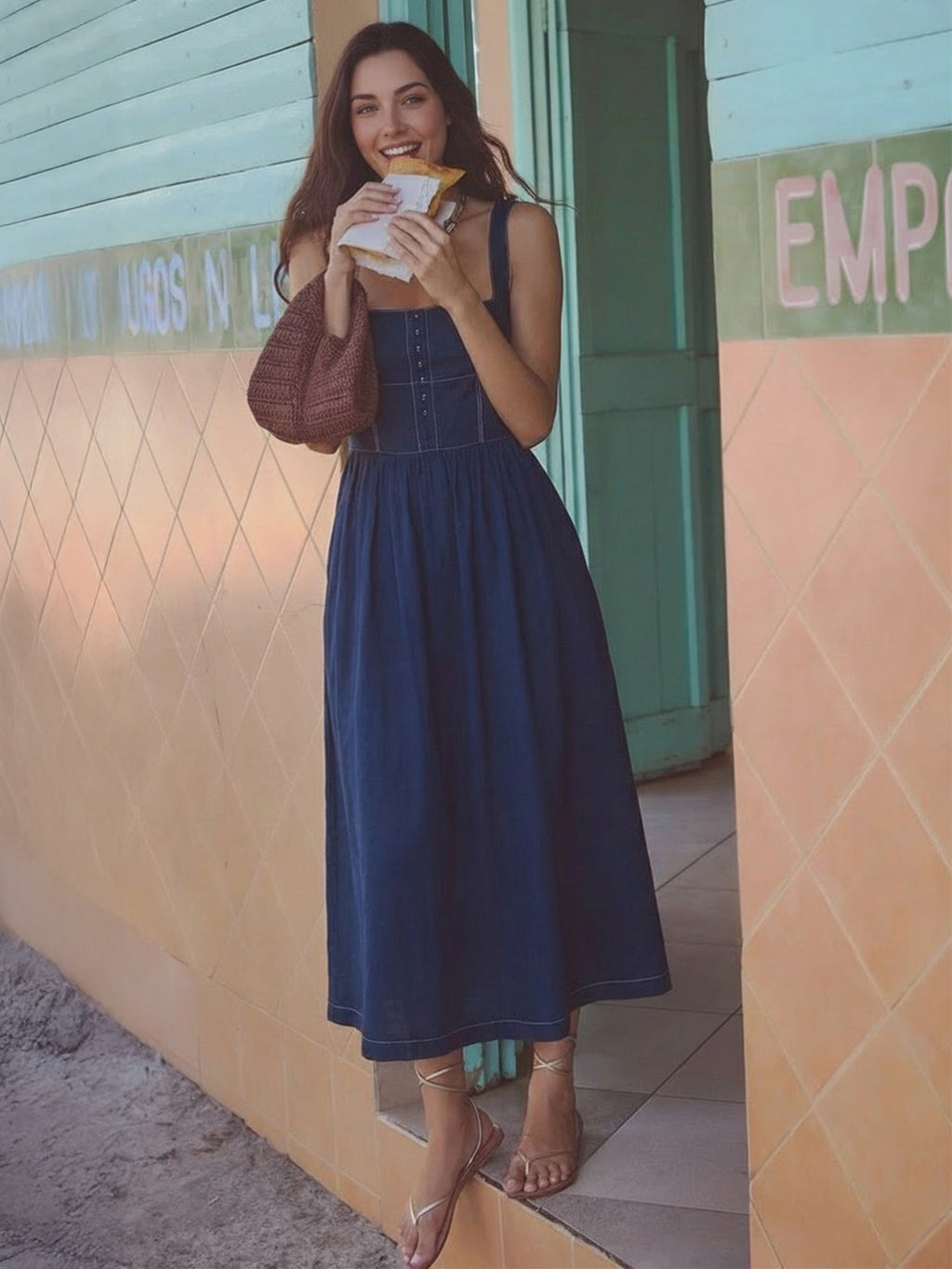 Square Neck Fit And Flare Midi Dress - SMALL / BLUE - NAVY Square Neck Fit And Flare Midi Dress - SMALL / BLUE - NAVY