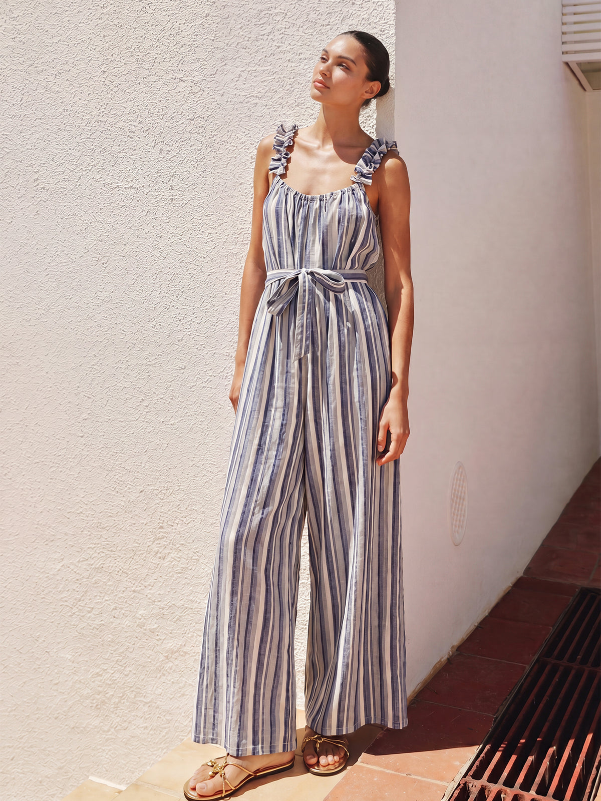 Wide Ruffle Straps Sleeveless Striped Wide-Leg Jumpsuit With Ruffled Shoulder Straps – New ...