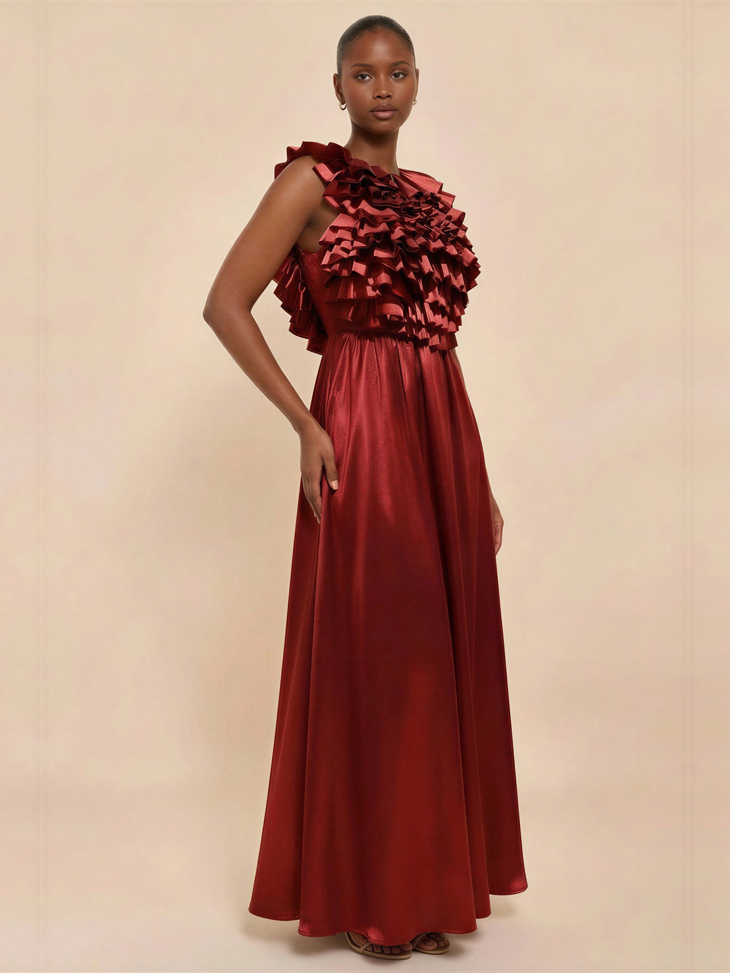 Ruffled Top Satin Maxi Dress - LARGE / PURPLE