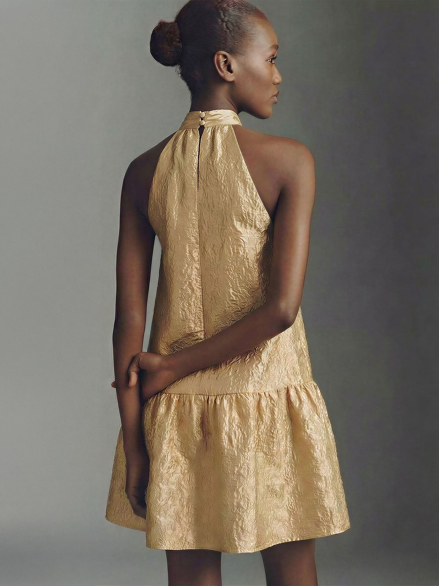 GOLD Jacquard Bow Neck Shift Mini Dress - SMALL / YELLOW - GOLD GOLD Jacquard Bow Neck Shift Mini Dress - SMALL / YELLOW - GOLD