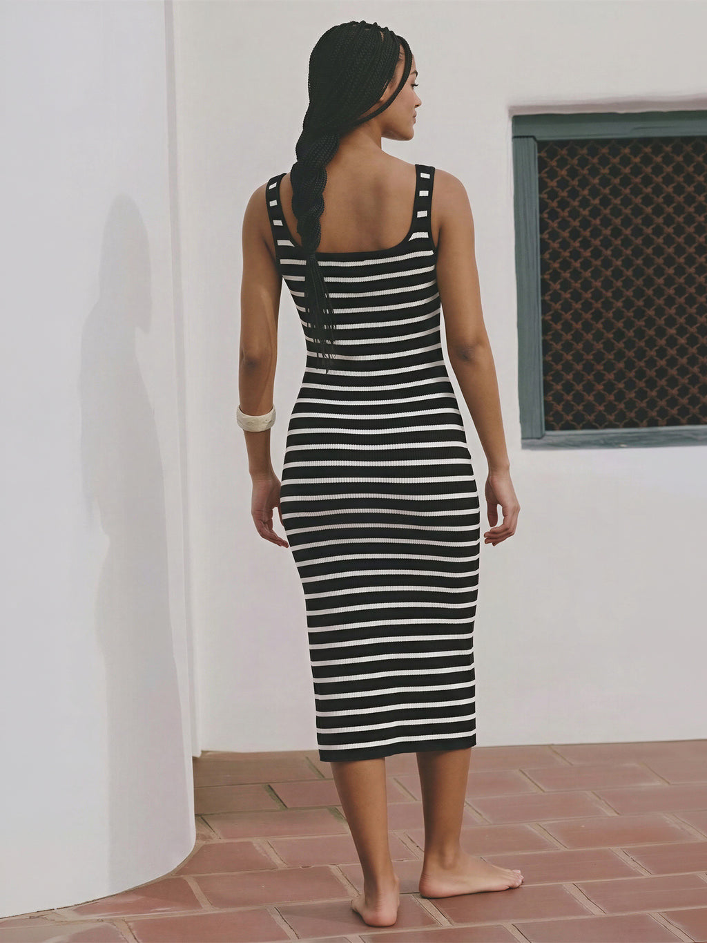 Sleeveless Striped Knit Slit Midi Dress - SMALL / Black