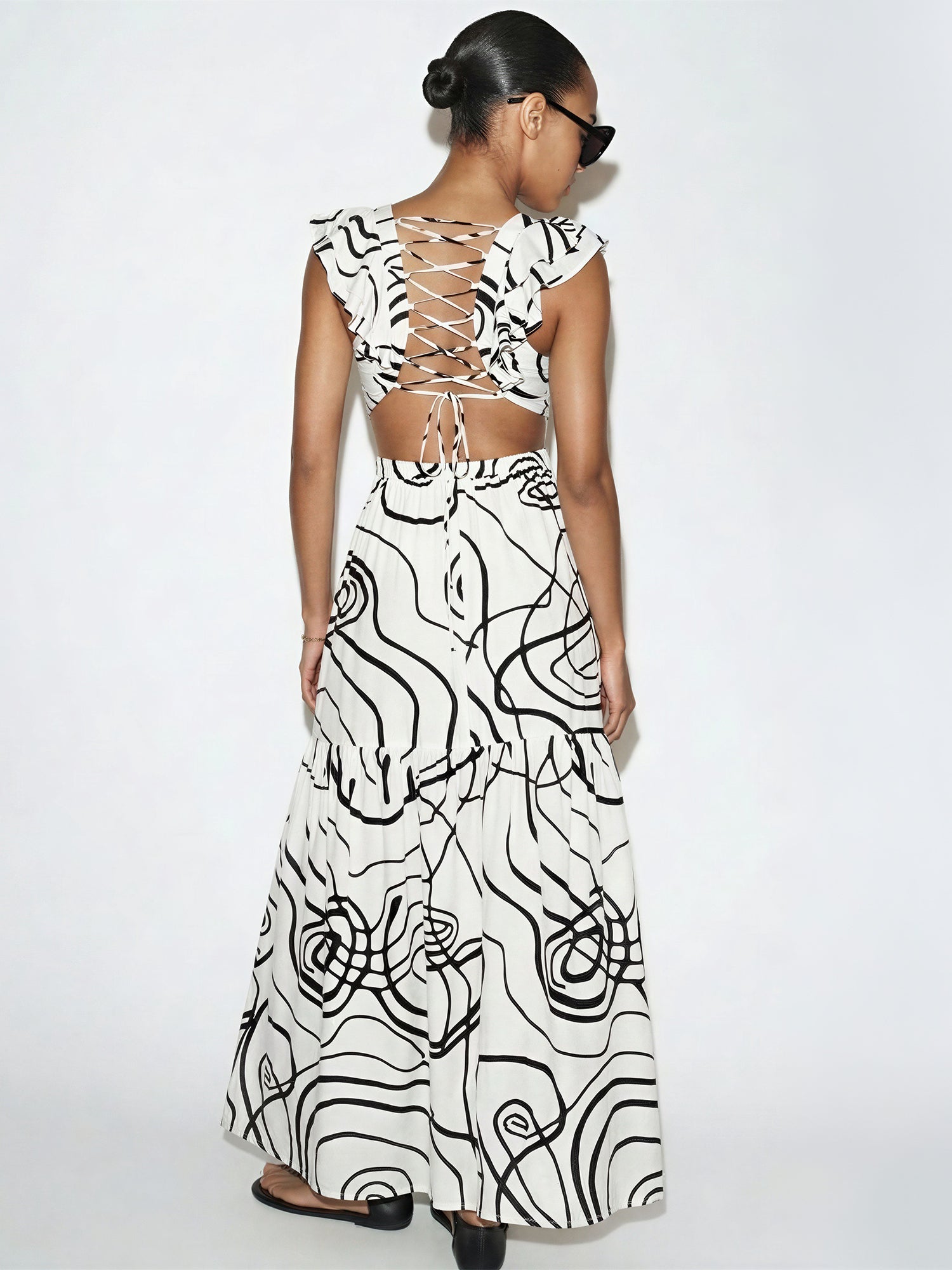 Sleeveless Side Cutout Abstract Print Maxi Dress - SMALL / White