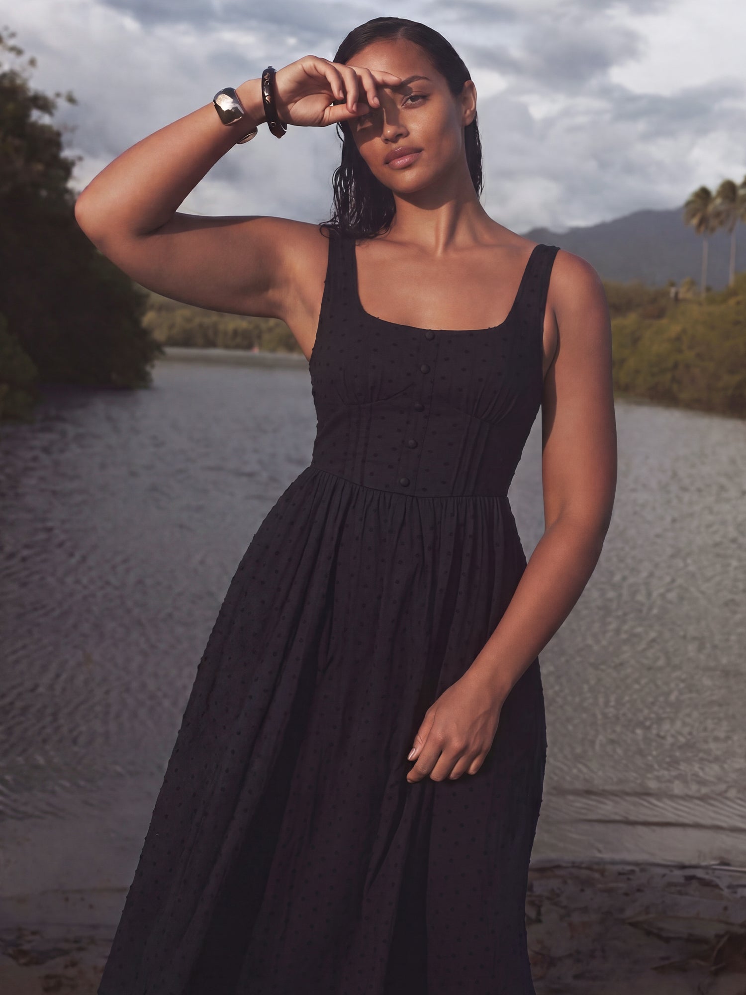 Sleeveless Bustier Polka Dot A Line Midi Dress - MEDIUM / Black