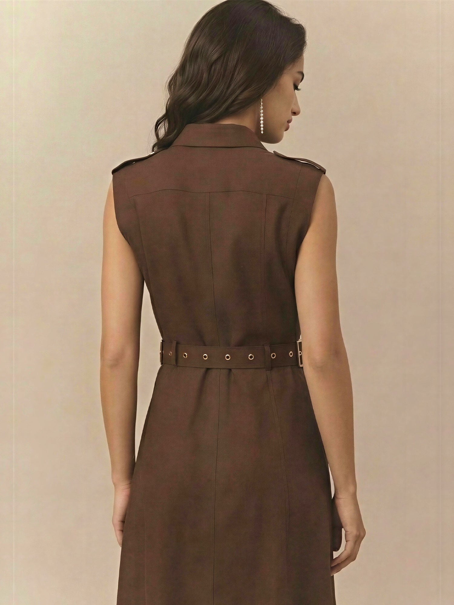 Sleeveless Utility Button Down Linen Bled Shirt Midi Dress - SMALL / BROWN