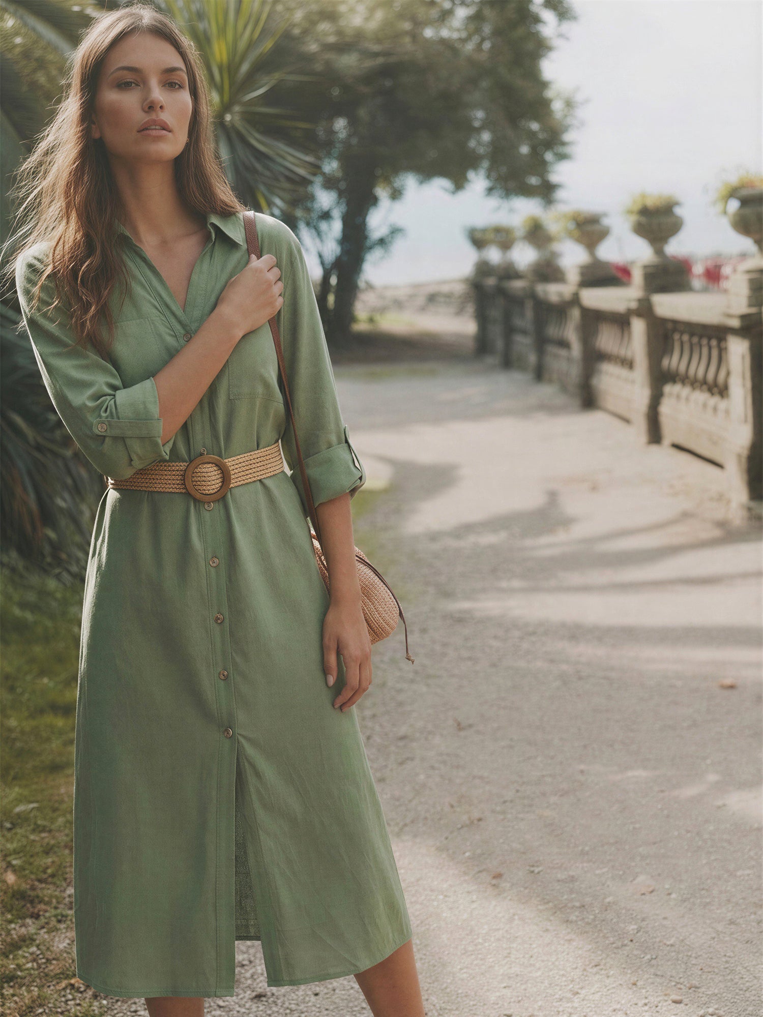 Long Sleeve Utility Button Down Linen Shirt Midi Dress - MEDIUM / GREEN - OLIVE Long Sleeve Utility Button Down Linen Shirt Midi Dress - MEDIUM / GREEN - OLIVE